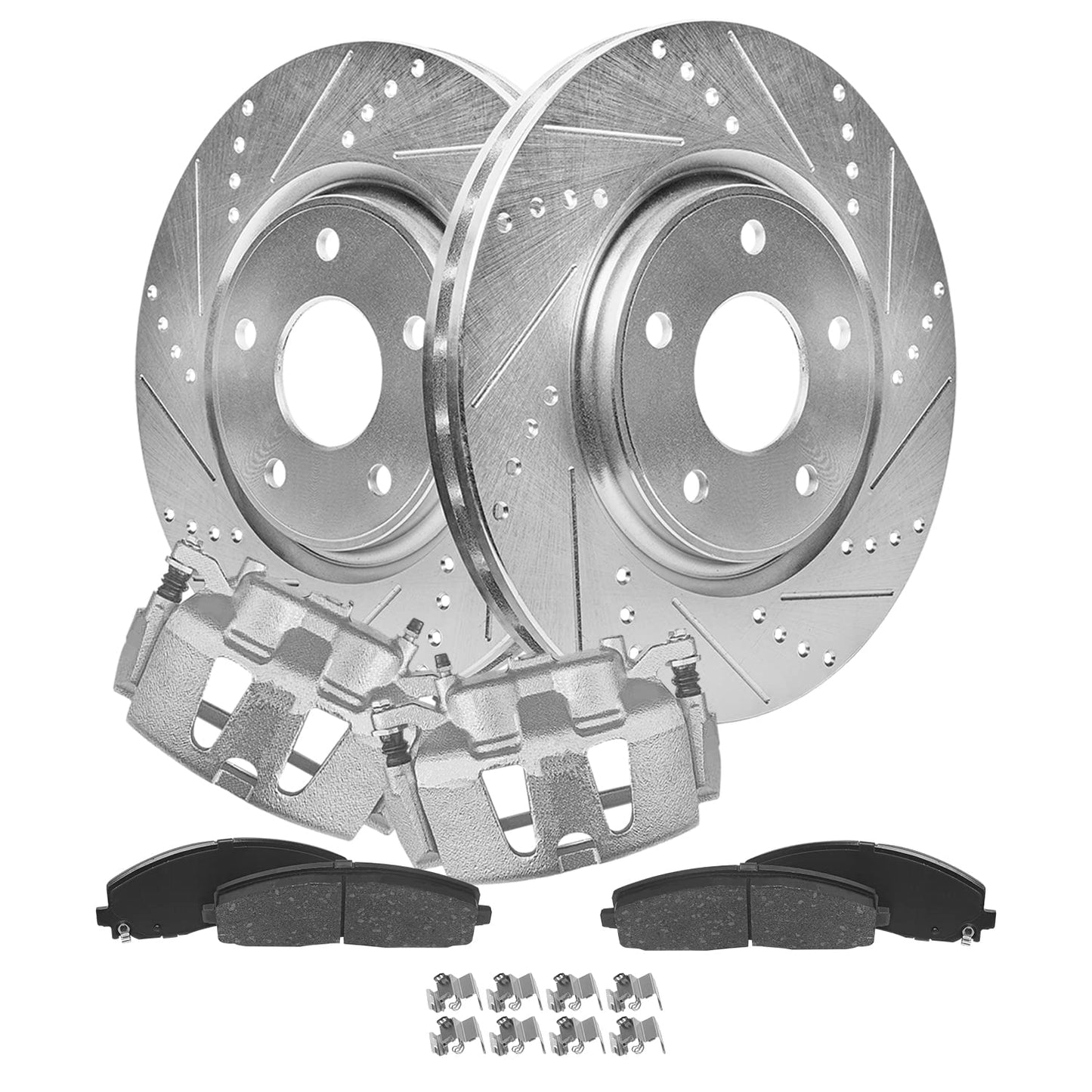 Detroit Axle - Front Brake Kit for Chevy GMC Silverado Suburban Sierra Savana Express 1500 Tahoe Yukon XL Cadillac Escalade ESV EXT Drilled Slotted Disc Brake Rotors Ceramic Brakes Pads Replacement