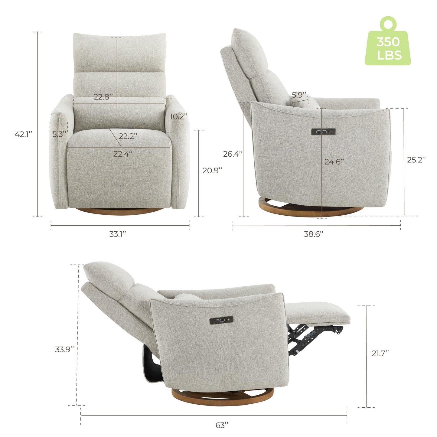 CHITA Swivel Rocker Recliner Chair, Power Nursery Glider Recliner, Nursery Rocking Chair with Adjustable Power Headrest, FSC Certified, Solid Wood Base, Cream