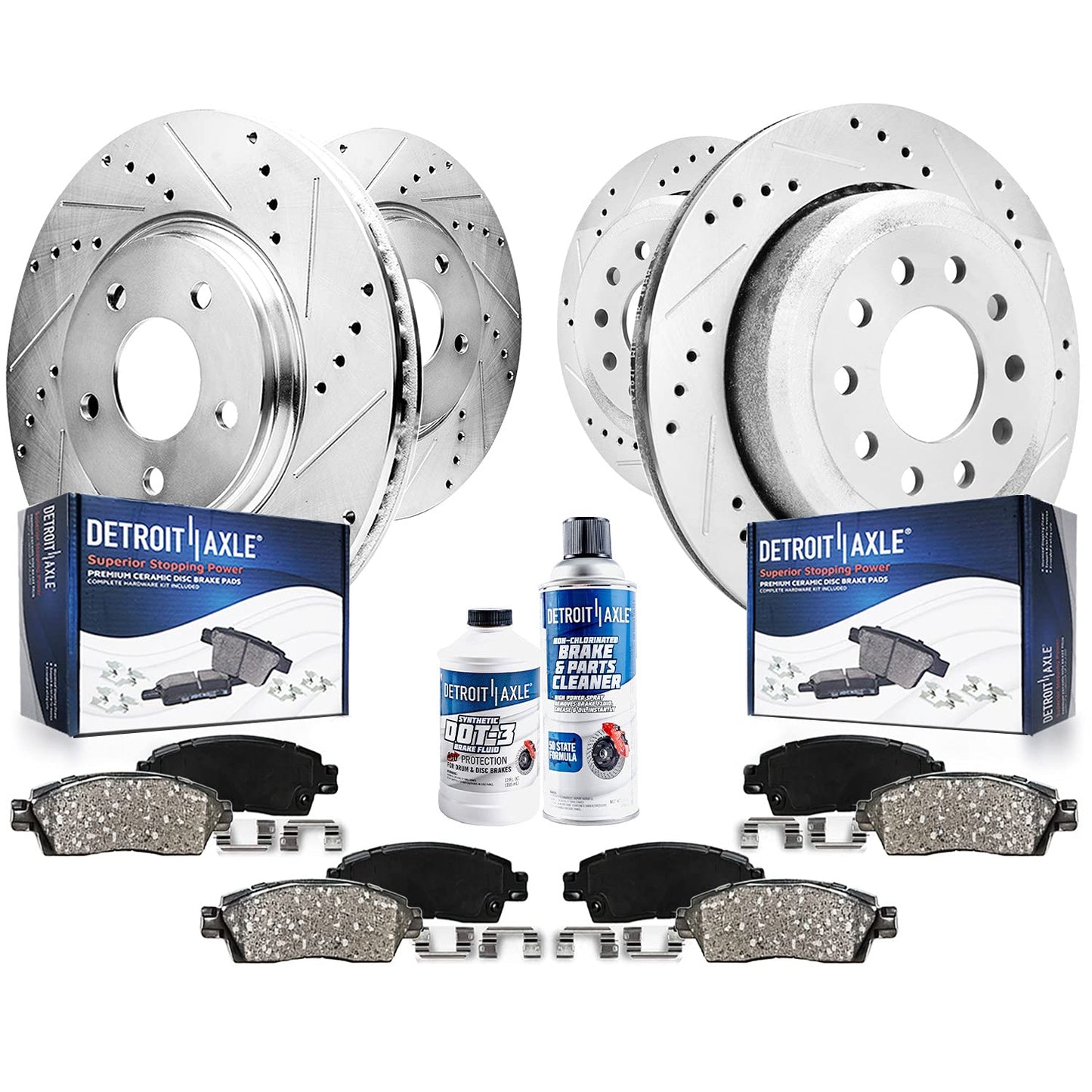 Detroit Axle - Brake Kit for Chevy GMC Silverado Sierra 1500 Tahoe Yukon XL Suburban Escalade ESV Drilled Disc Rotors Ceramic Brakes Pads Replacement : 12.99" Front & 13.58" Rear Rotor