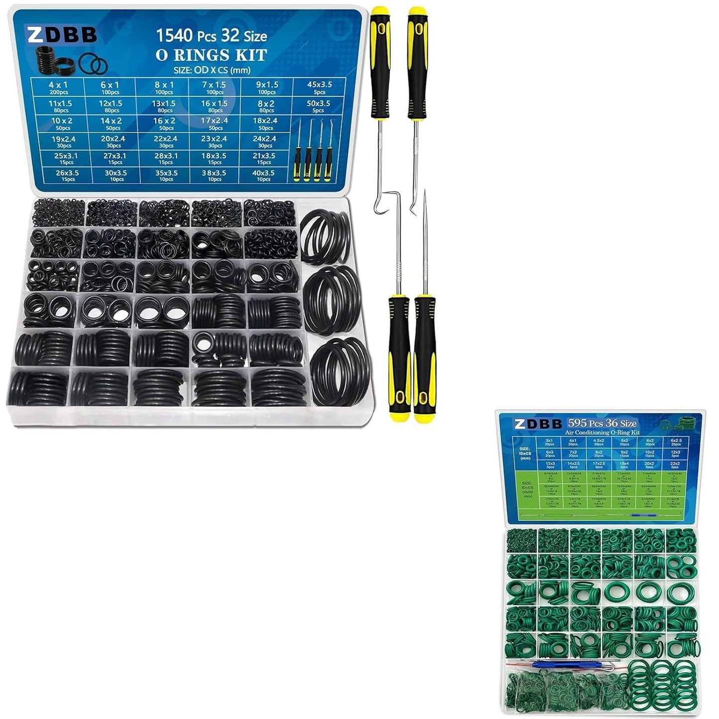 ZDBB 1540 Pcs O Rings Assortment Kit and 595 Pcs Automotive AC O Rings Kit for Car A/C Compressor and Automotive Faucet Pressure Washer Plumbing
