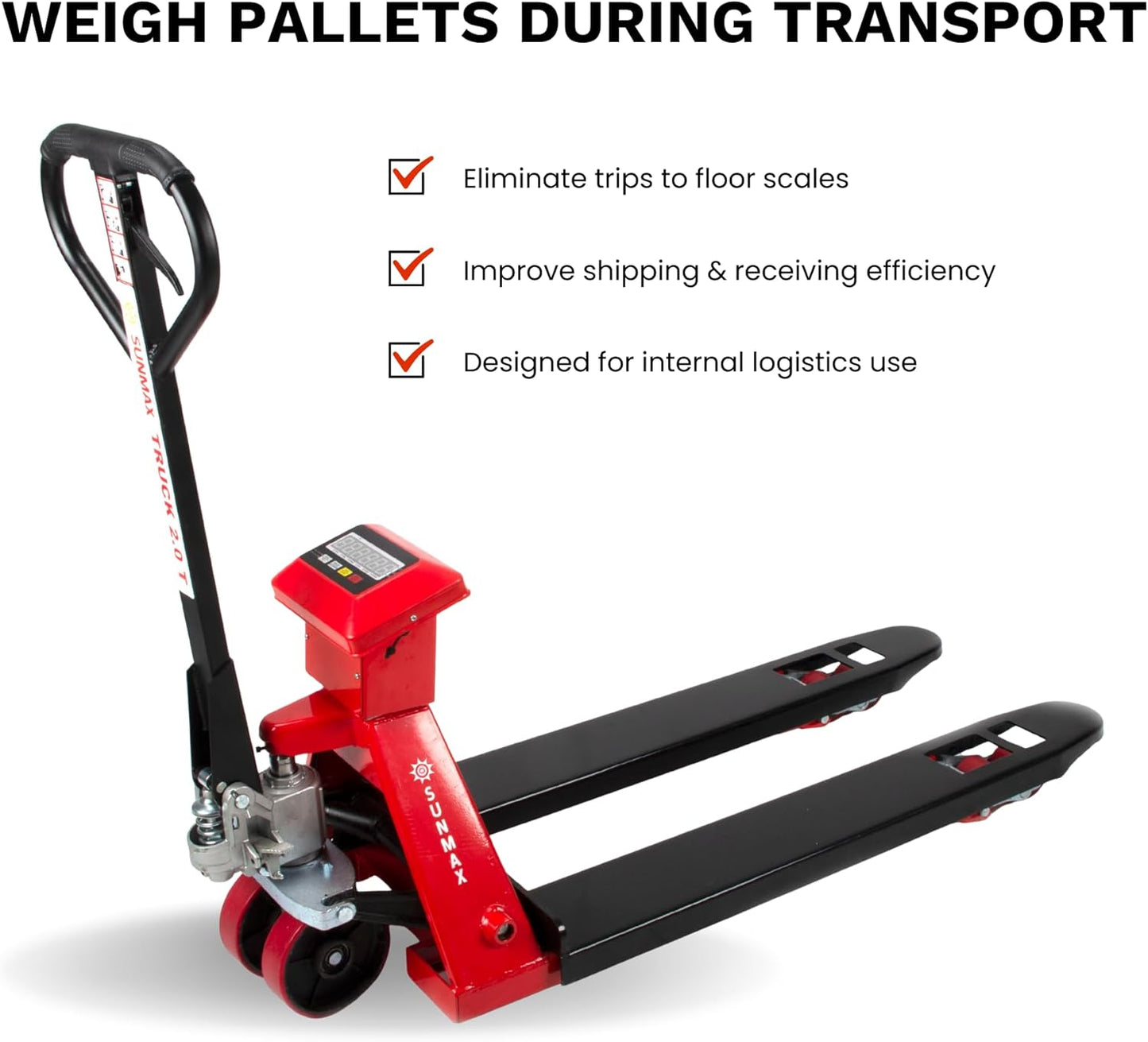 SUNMAX HD4400W Pallet Jack with Built-in Digital Scale, 4,400 lb Capacity, 27" W x 48" L Forks Manual Pallet Truck for Warehouse and Retail