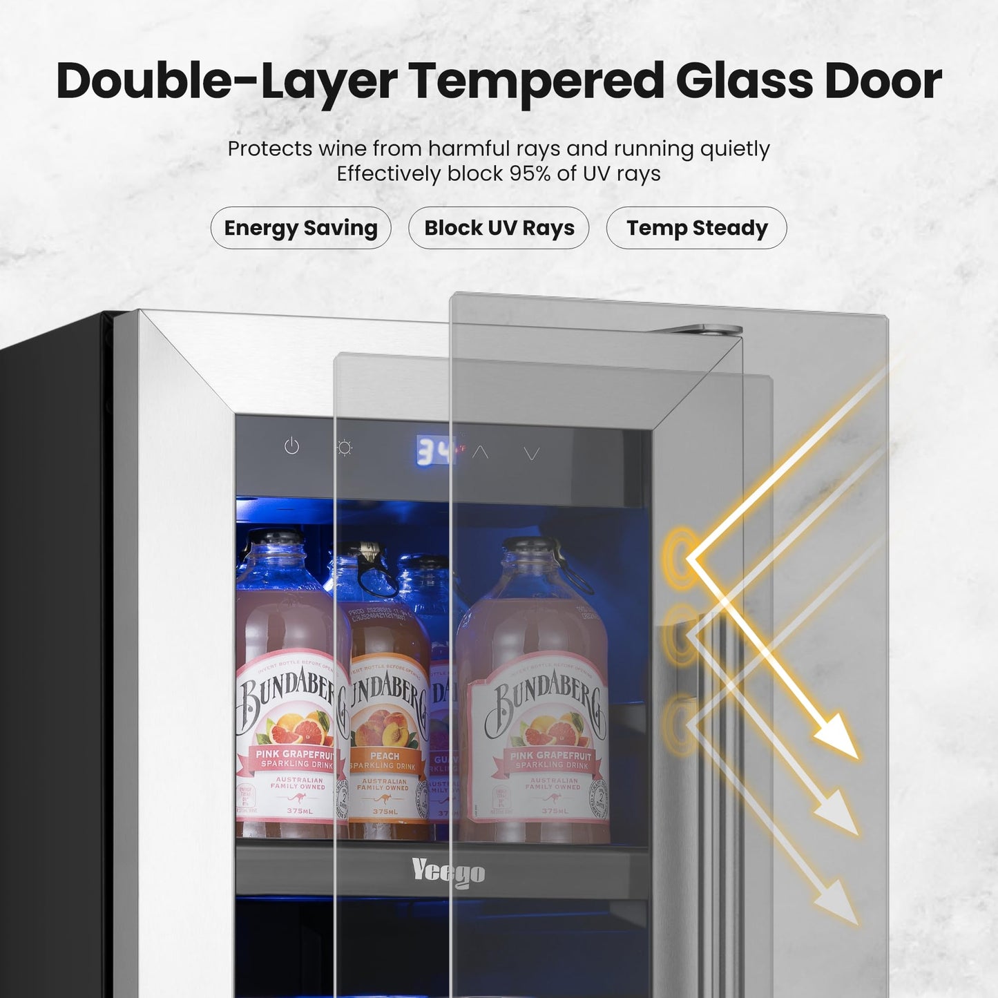 Yeego 24 Inch Beverage Refrigerator – 180 Can Built-In Under Counter Drink Fridge with Glass Door, 34–54°F Cooling for Beer, Soda & Wine (Right-Hinged)