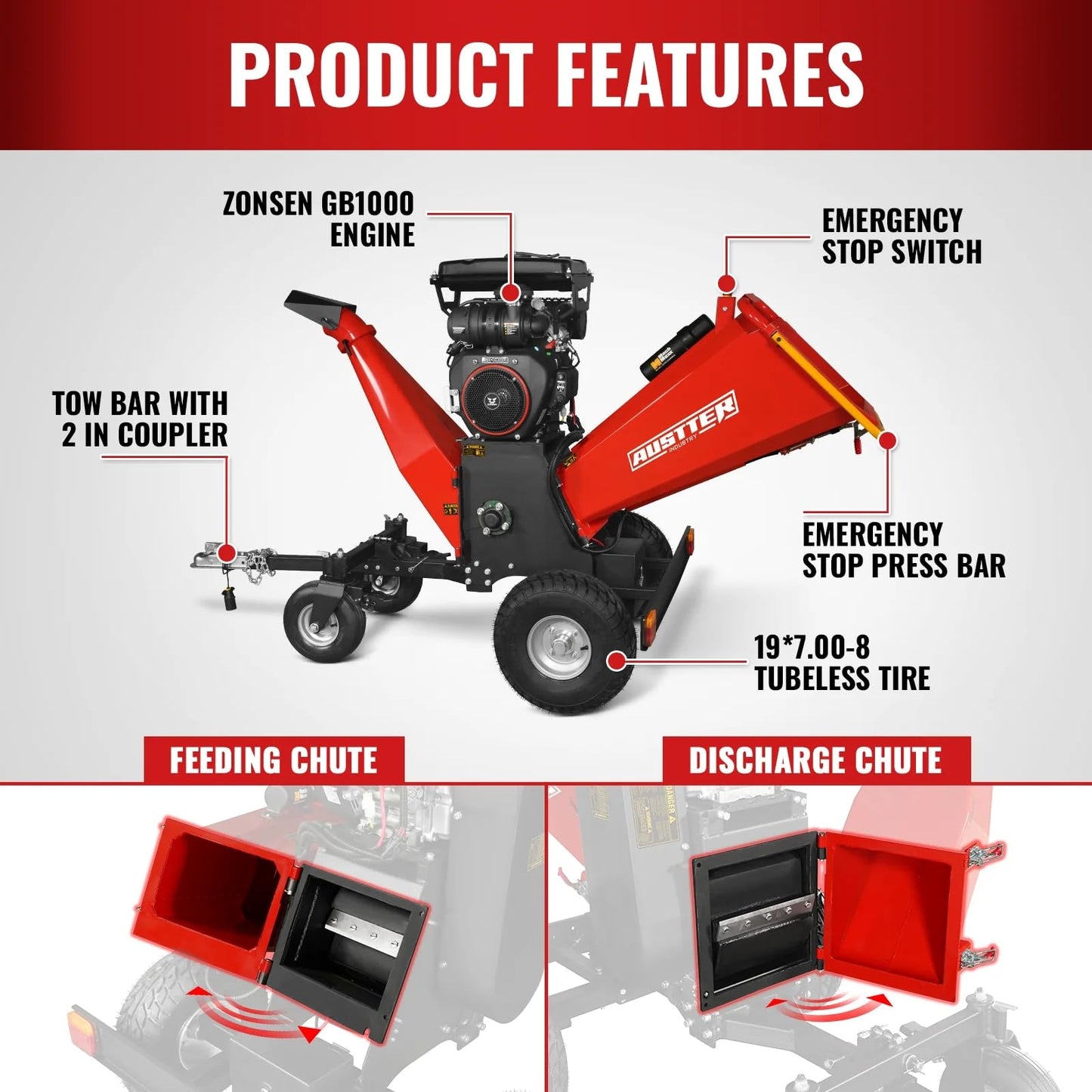 MechMaxx 6 inch ZONSEN 459cc 15hp E-Start Gas Powered 4-Wheels Wood Chipper Shredder Mulcher with Towbar/Tail Light/Emergency Stop Button/Stop Bar, Model B150 Red