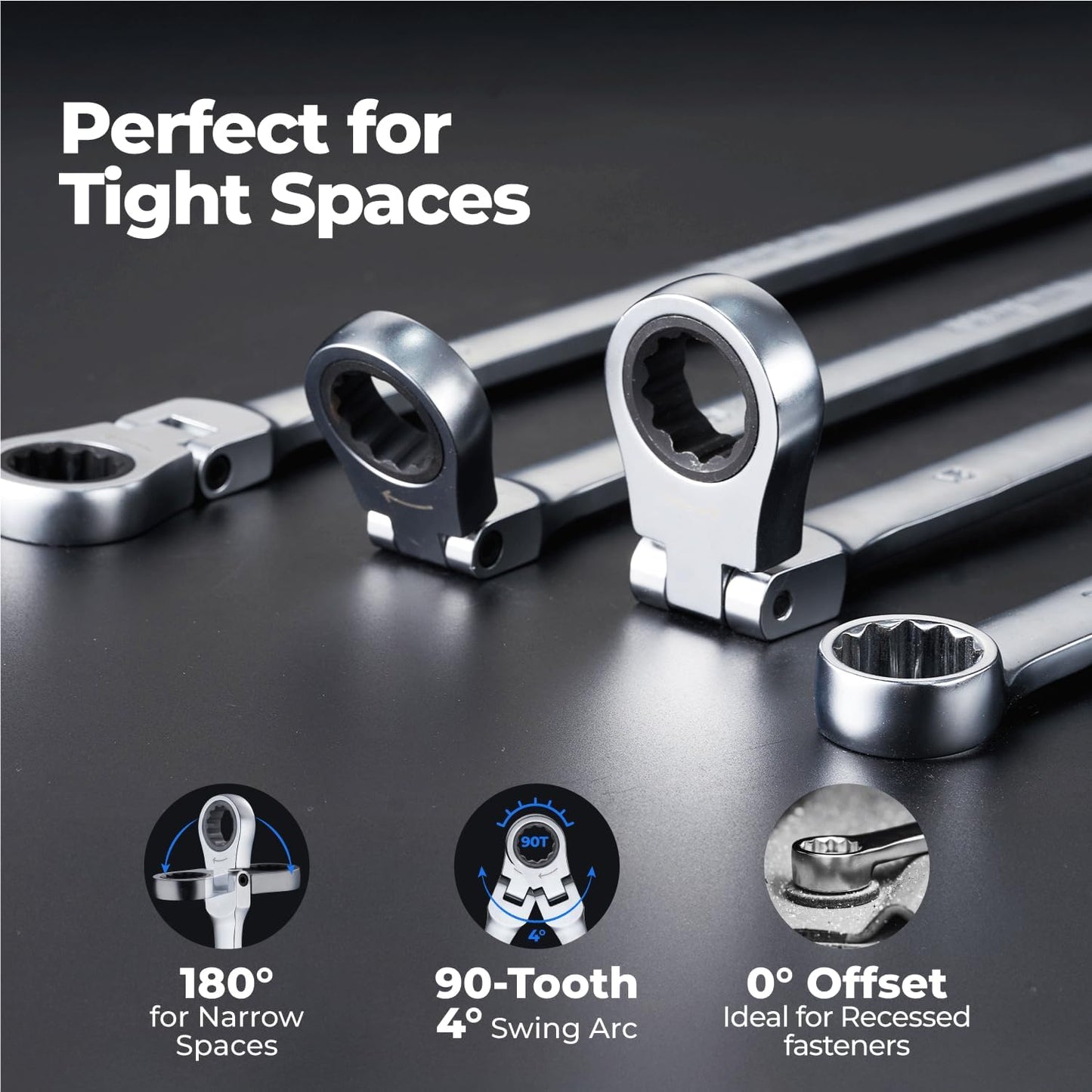 toolant 10mm Extra Long Ratcheting Wrench, Flex Head & Fixed Offset Head Double Box End Combination Wrench, CR-V Steel