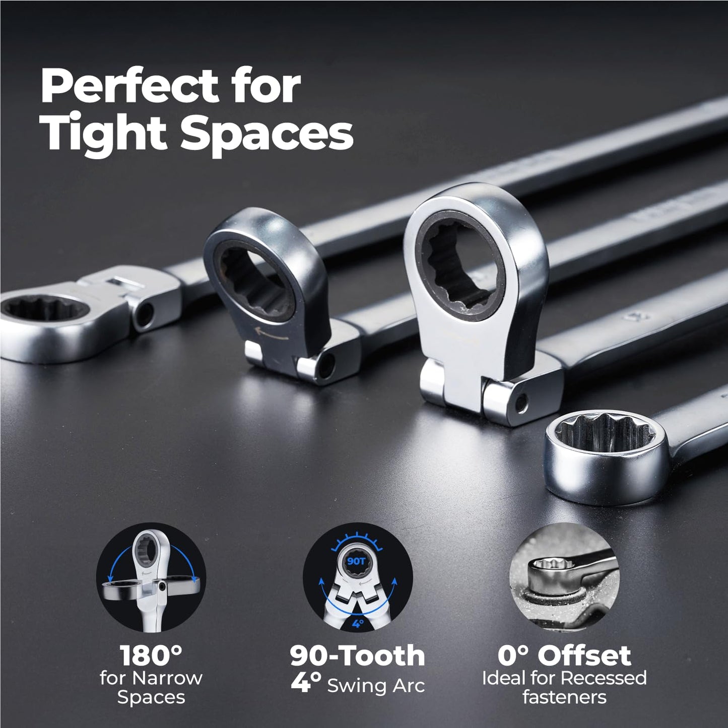 toolant 10mm Extra Long Ratcheting Wrench, Flex Head & Fixed Offset Head Double Box End Combination Wrench, CR-V Steel