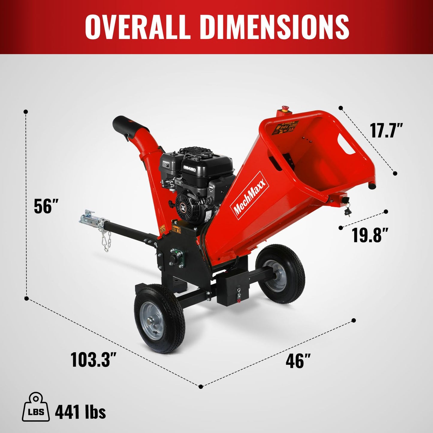 MechMaxx 6 inch ZONSEN 459cc 15hp E-Start Gas Powered 4-Wheels Wood Chipper Shredder Mulcher with Towbar/Tail Light/Emergency Stop Button/Stop Bar, Model B150 Red