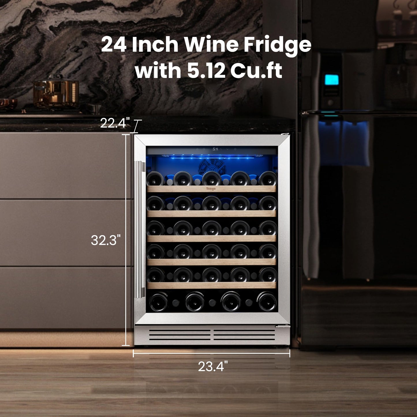 Yeego Wine Fridge Cooler - 24 Inch Dual Zone Wine Fridge Hold 52 Bottles, 40-65°F Wine Refrigerator Glass Door, Built in Fridge, Freestanding Adjustable Shelves Fridge for Beer Soda Drink Home Bar