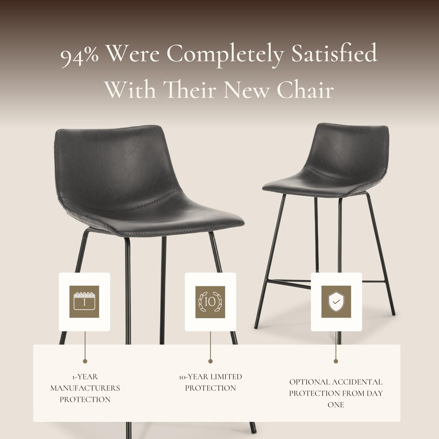 POLY & BARK Paxton Leather Counter Stools 24 Inches – Set of 2 - Counter Height Bar Stools with Back – Modern Barstools for Kitchen Island or Counters – Faux Leather & Matte Black Steel Base – Tan