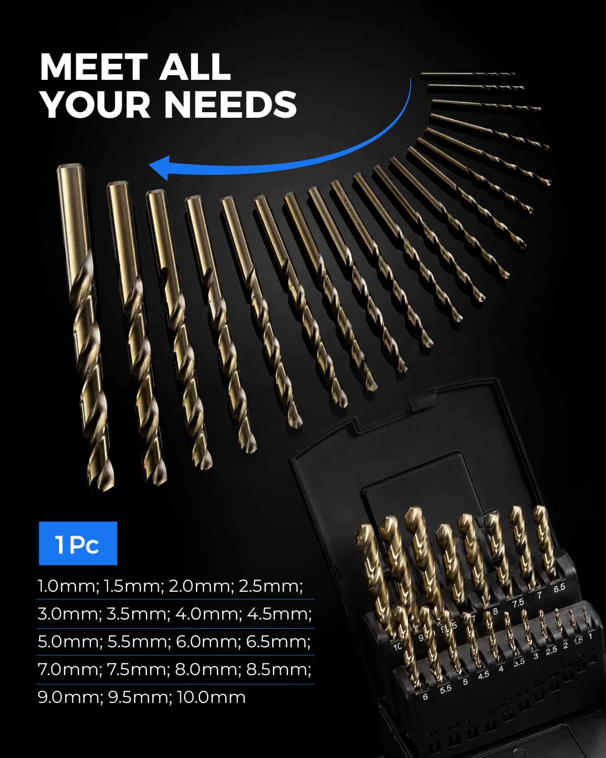 toolant Metric 19Pcs M35 Cobalt Drill Bit Set for Hardened Metal, Stainless Steel, Plastics, Wood, HSS Titanium Twist Jobber Metal Drill Bits Bulk 1mm-10mm, with Plastic Index Storage Case