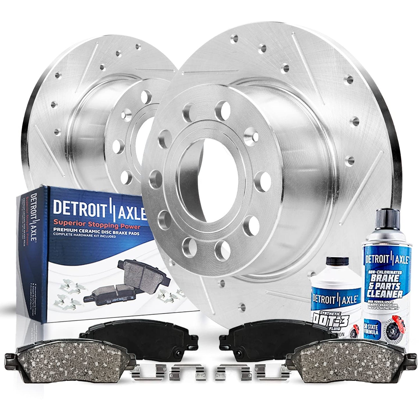 Detroit Axle - Front Brake Kit for Chevy GMC Silverado Suburban Sierra Savana Express 1500 Tahoe Yukon XL Cadillac Escalade ESV EXT Drilled Slotted Disc Brake Rotors Ceramic Brakes Pads Replacement