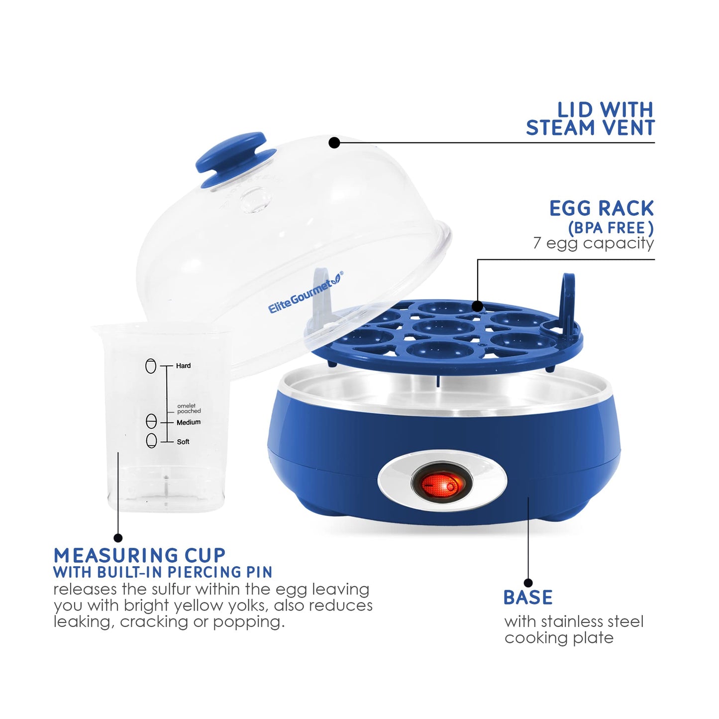 Elite Gourmet EGC115B Easy Egg Cooker Electric 7-Egg Capacity, Soft, Medium, Hard-Boiled Egg Cooker with Auto Shut-Off, Measuring Cup Included, BPA Free, Classic Black