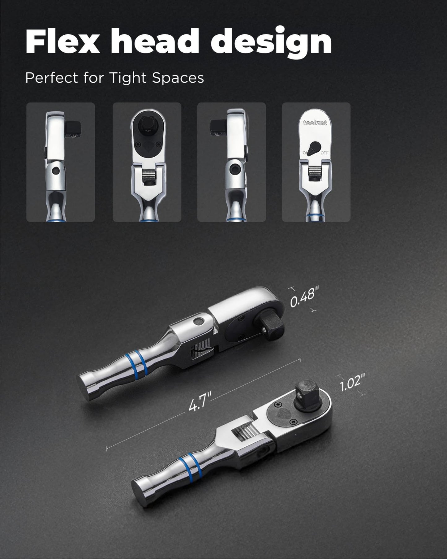 toolant 3/8" Drive Flex Head Ratchet Wrenches, 90 Tooth Compact Flex Head Socket Ratchet Wrench, 12 Inch Length