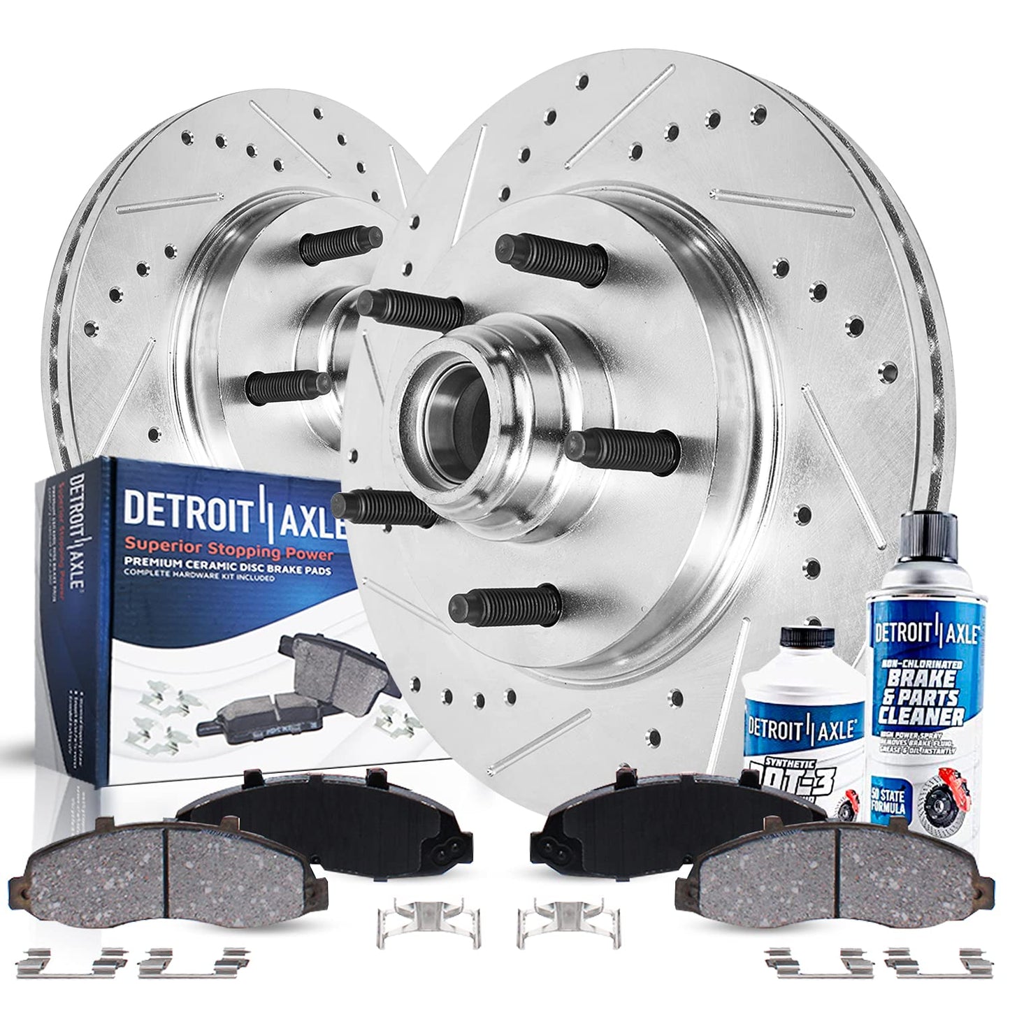 Detroit Axle - Front Brake Kit for Chevy GMC Silverado Suburban Sierra Savana Express 1500 Tahoe Yukon XL Cadillac Escalade ESV EXT Drilled Slotted Disc Brake Rotors Ceramic Brakes Pads Replacement
