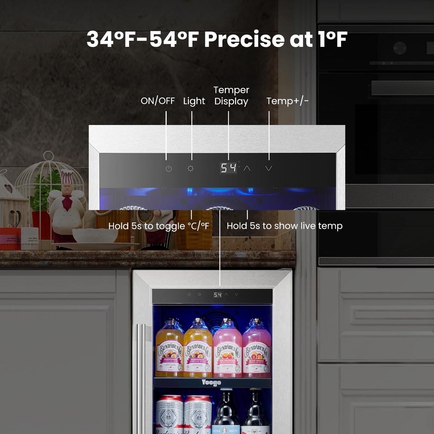 Yeego 24-Inch Beverage Refrigerator, Built-In or Freestanding Beverage Cooler, Up to 180 Cans, Glass Door Mini Fridge for Soda, Beer, Water & Wine (Left-Hinged)
