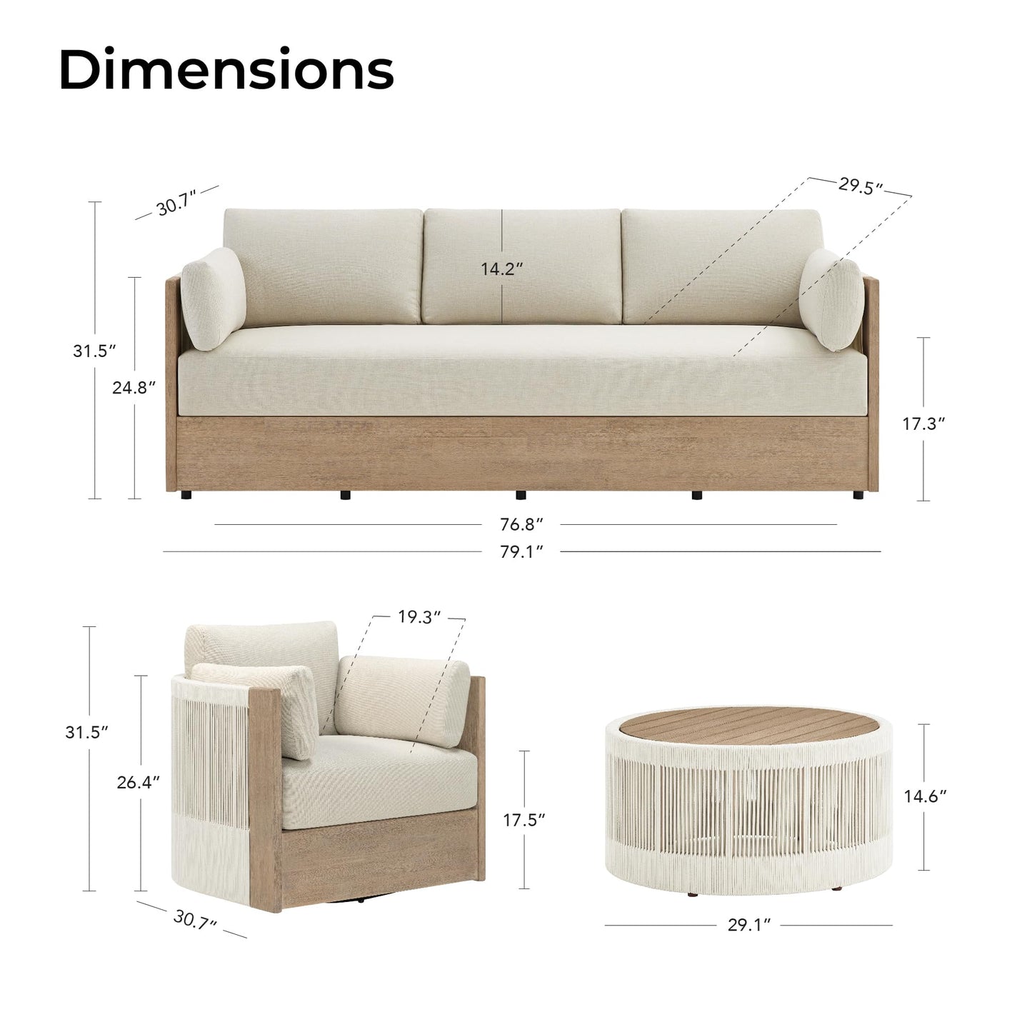 CHITA 3 Pieces Boho Patio Rattan Bistro Set, Outdoor Wicker Furniture Swivel Chairs & Side Table Set with 2 Arm Pillows, Acacia Wood Frame, Fully Assembled(Cream)