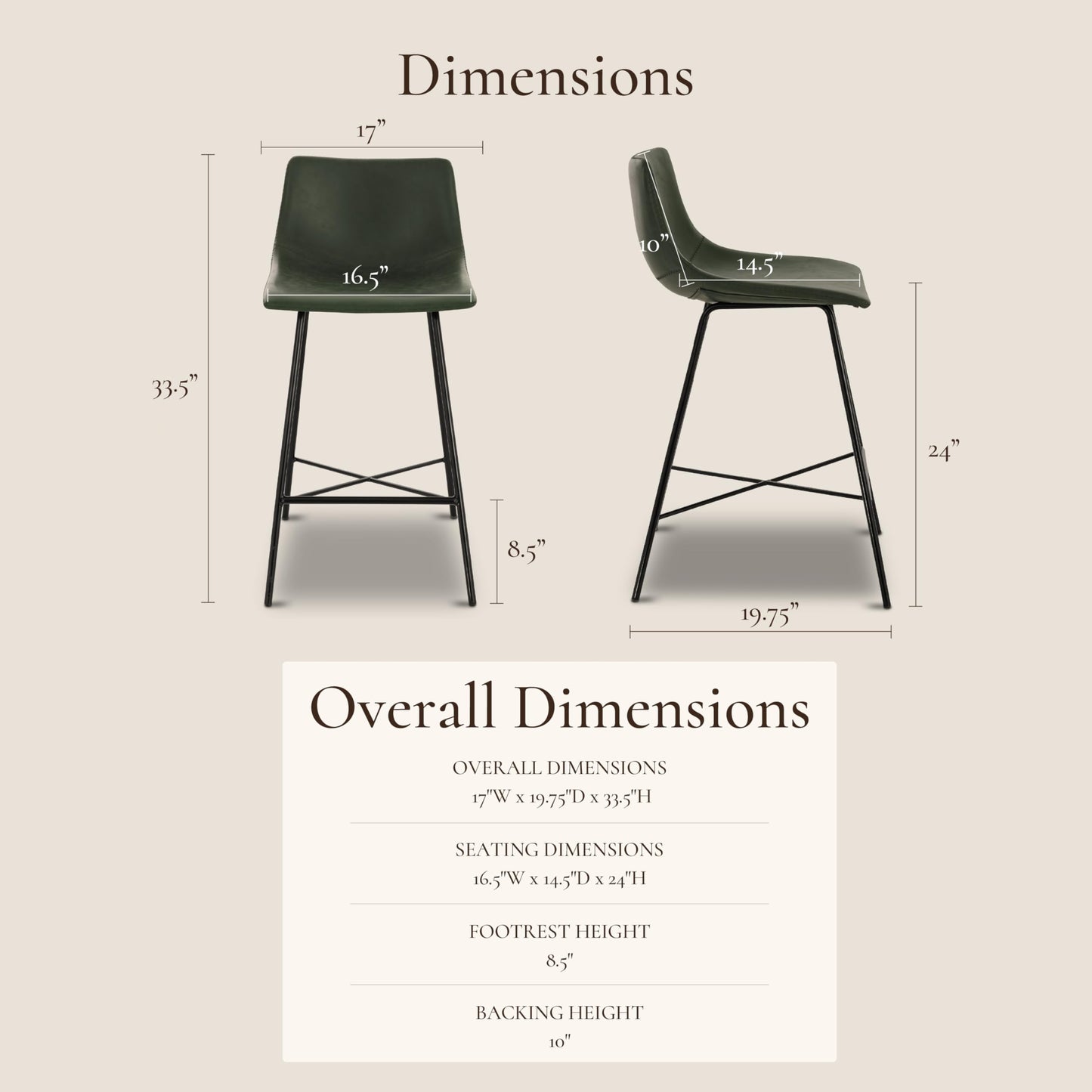 POLY & BARK Paxton Leather Counter Stools 24 Inches – Set of 2 - Counter Height Bar Stools with Back – Modern Barstools for Kitchen Island or Counters – Faux Leather & Matte Black Steel Base – Tan