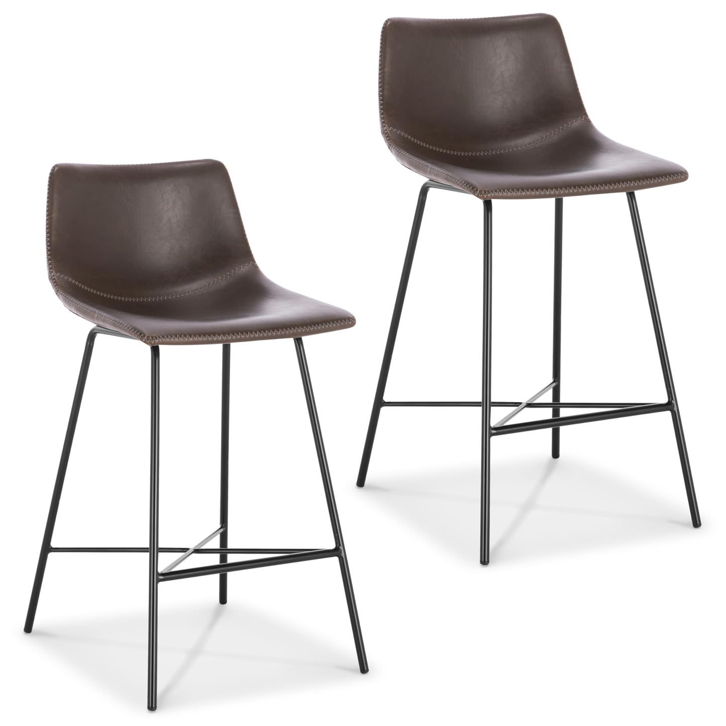 POLY & BARK Paxton Leather Counter Stools 24 Inches – Set of 2 - Counter Height Bar Stools with Back – Modern Barstools for Kitchen Island or Counters – Faux Leather & Matte Black Steel Base – Tan