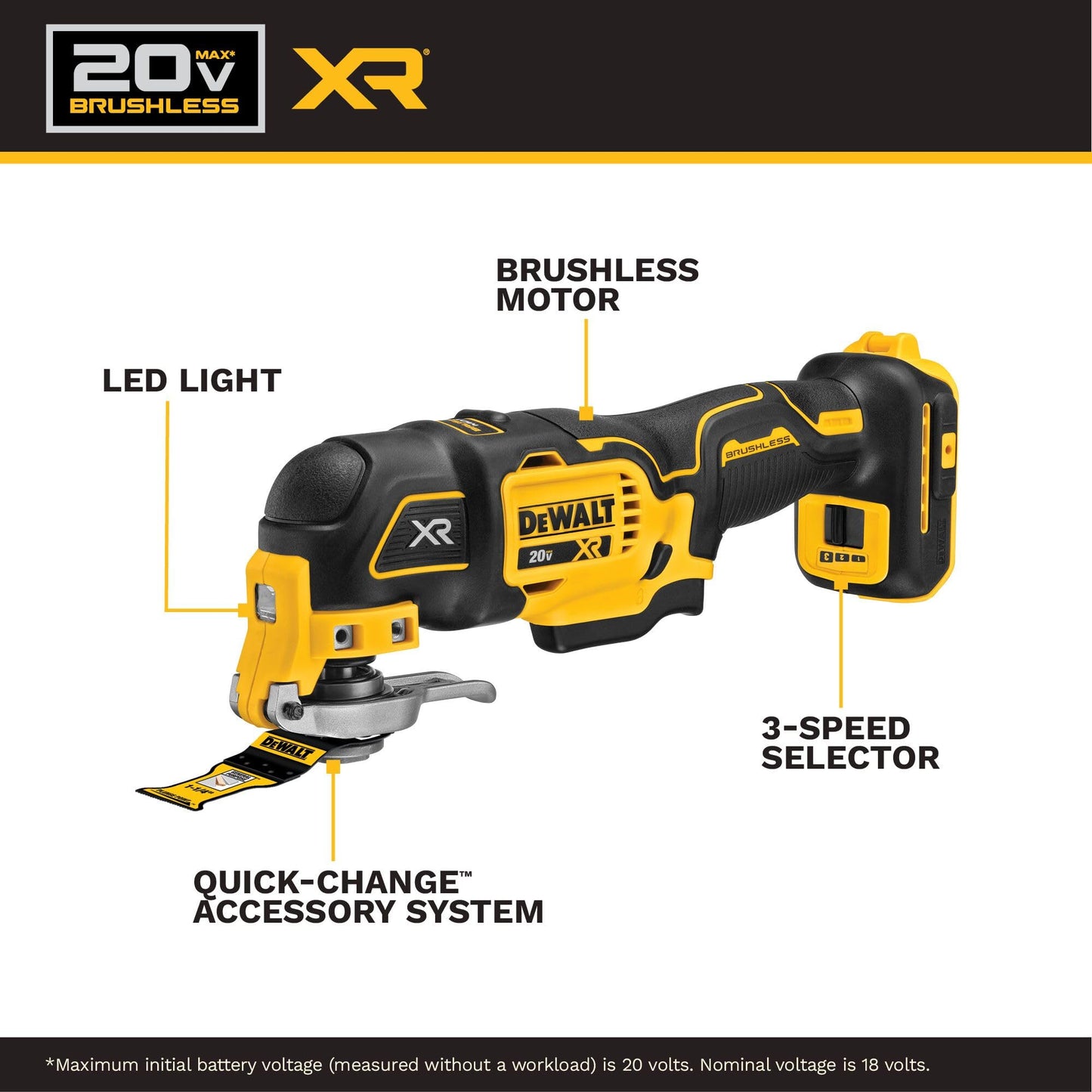 DEWALT 20V MAX XR Oscillating Tool Kit with Blades, 3 Speed Cordless Brushless Multitool, Up to 20,000 OPM, LED Light, Battery and Charger Included (DCS356C1)