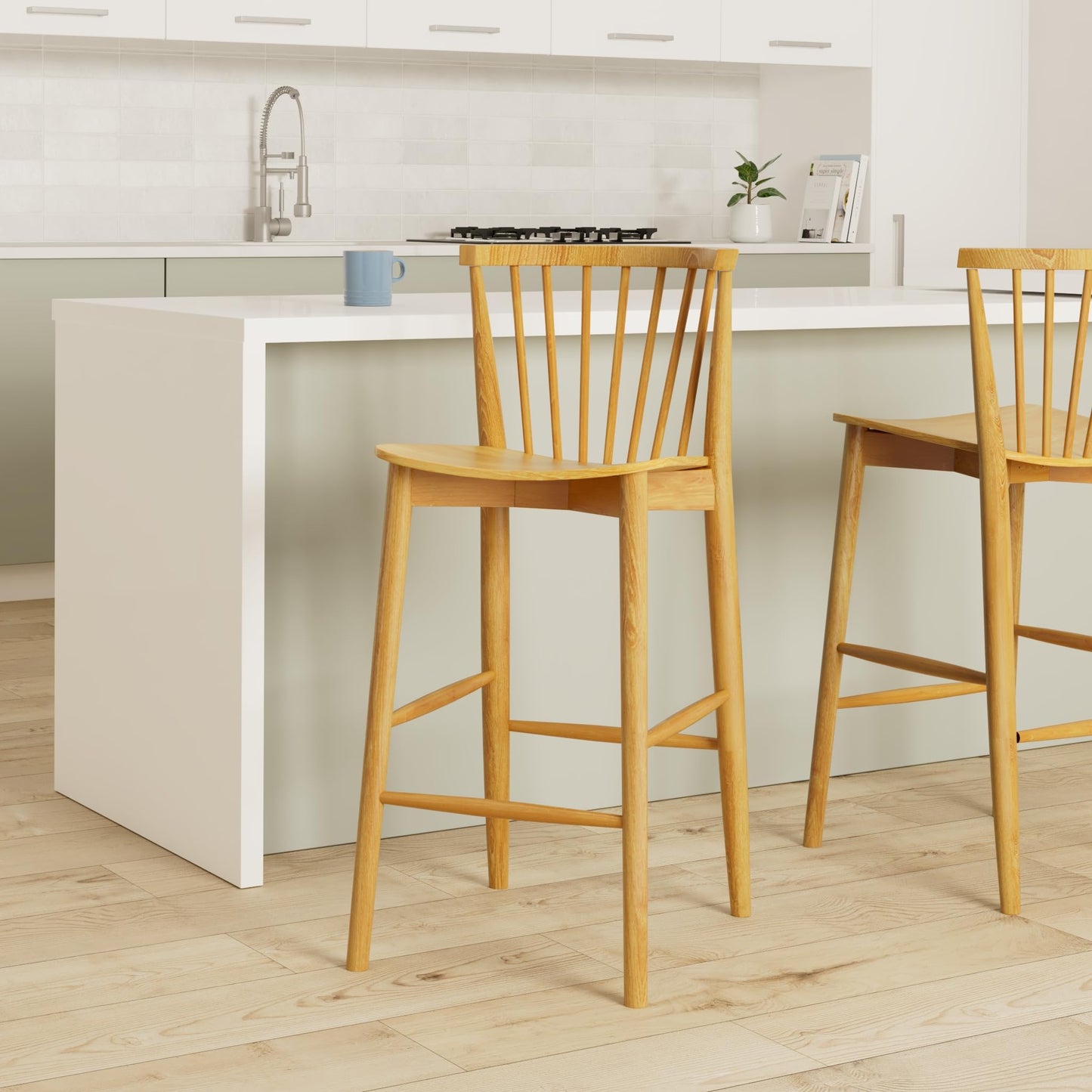 Poly & BARK Ligna Counter Stool in Black – Mid-Century Inspired Stool with Sculpted Spindle Back – Solid American Oak Frame and Engineered Wood Veneered Seat – Fully Assembled and Ready to Use