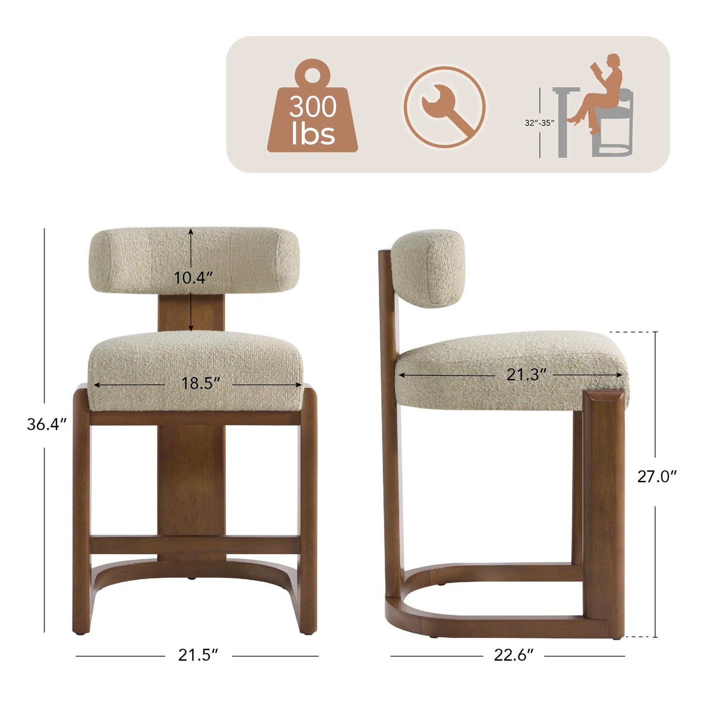 CHITA Modern Bar Stools Set of 2, 27" Counter Height Bar Stools, Upholstered Barstools with Backs and Wood Legs for Kitchen Island Dining Room, Oatmeal Fabric with Walnut Frame