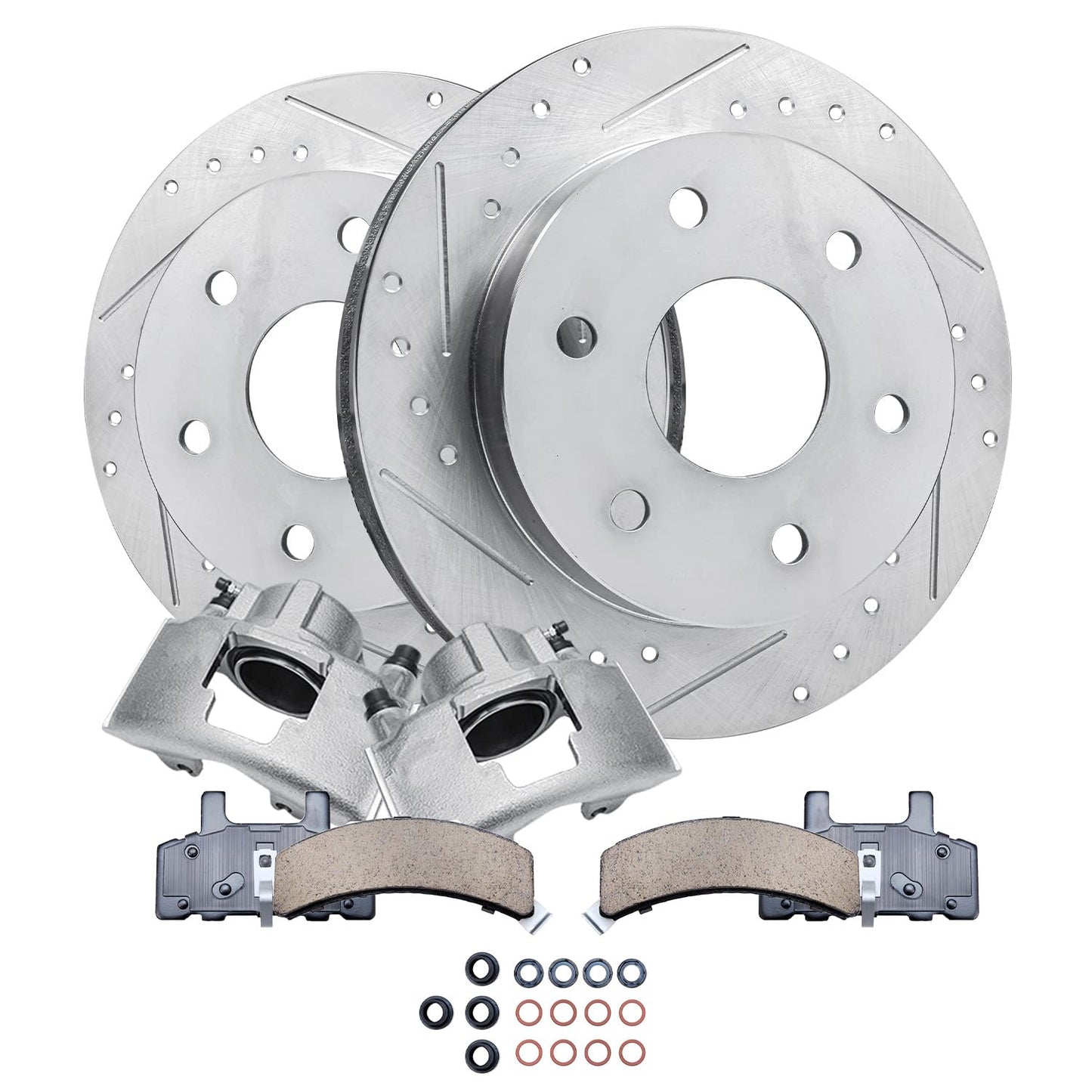 Detroit Axle - Front Brake Kit for Chevy GMC Silverado Suburban Sierra Savana Express 1500 Tahoe Yukon XL Cadillac Escalade ESV EXT Drilled Slotted Disc Brake Rotors Ceramic Brakes Pads Replacement