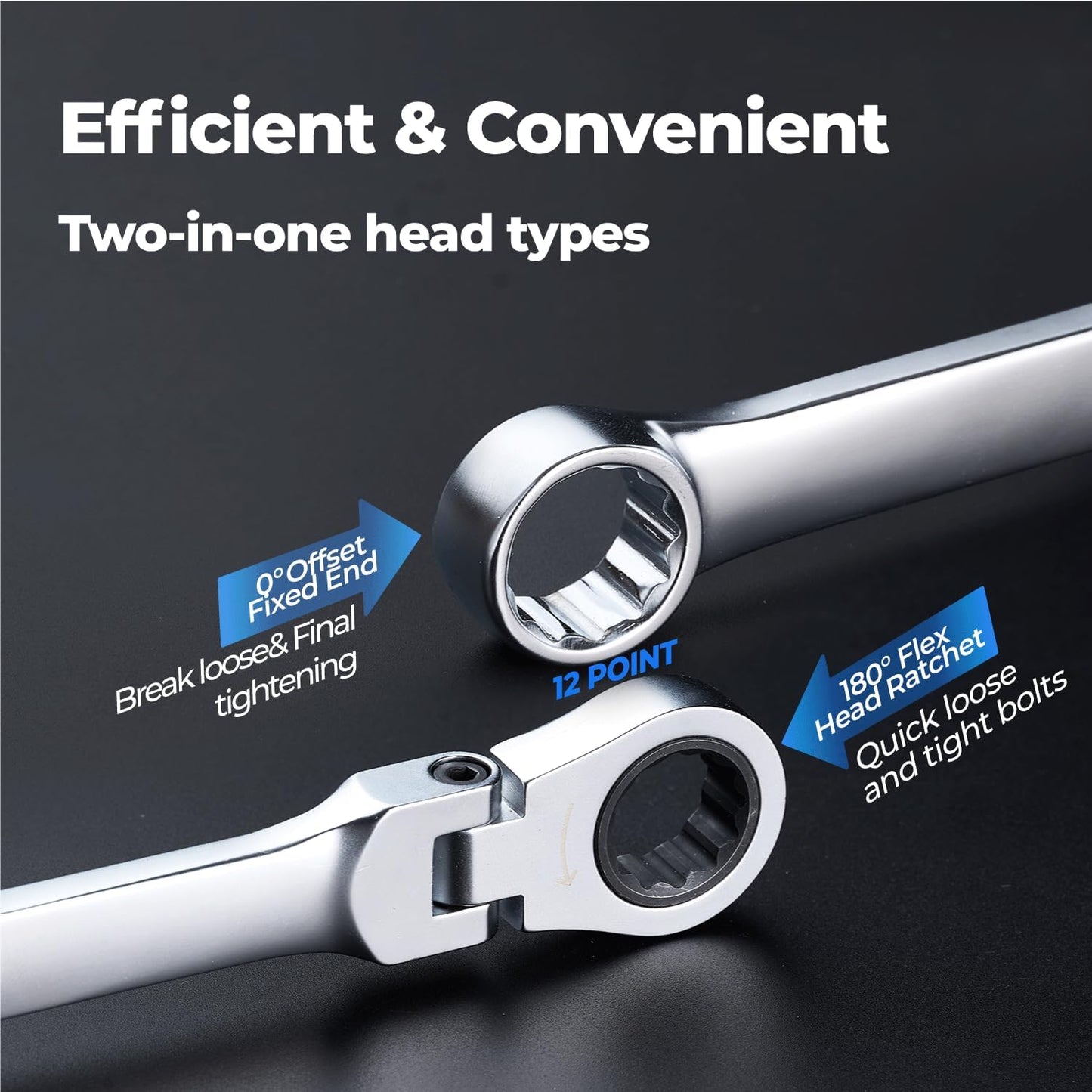 toolant 10mm Extra Long Ratcheting Wrench, Flex Head & Fixed Offset Head Double Box End Combination Wrench, CR-V Steel