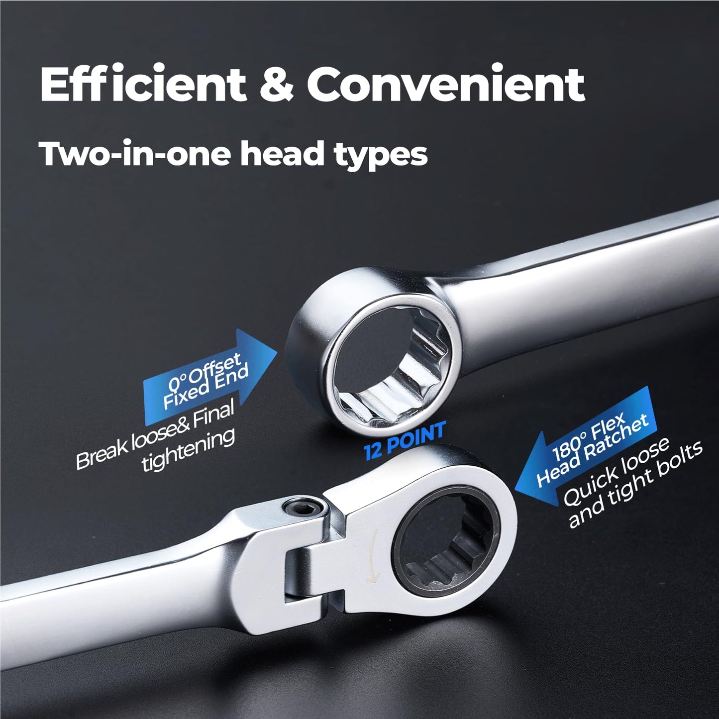 toolant 10mm Extra Long Ratcheting Wrench, Flex Head & Fixed Offset Head Double Box End Combination Wrench, CR-V Steel