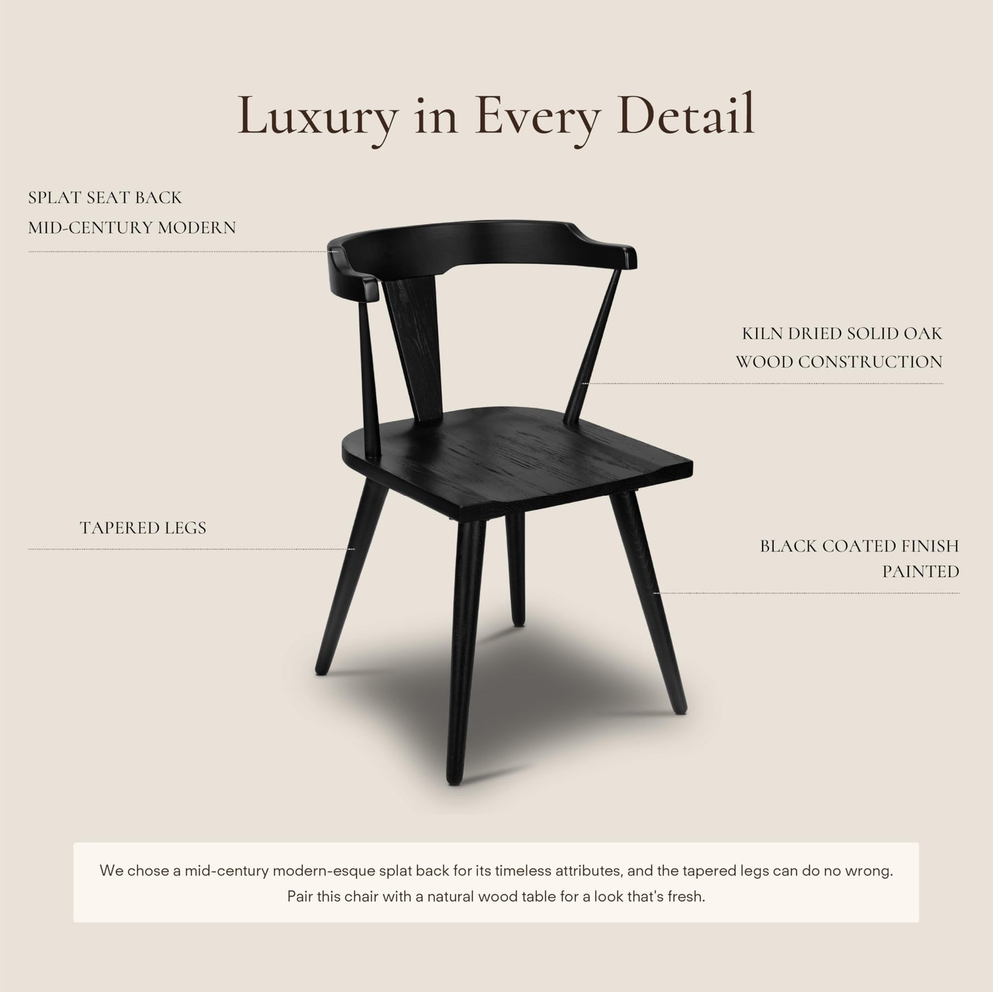 POLY & BARK Mid Century Modern Enzo Black Dining Chair – Solid Oak Wood Splat Back Chair, 18" Seat Height, 32" Tall – Stylish MCM Kitchen & Dining Room Chair