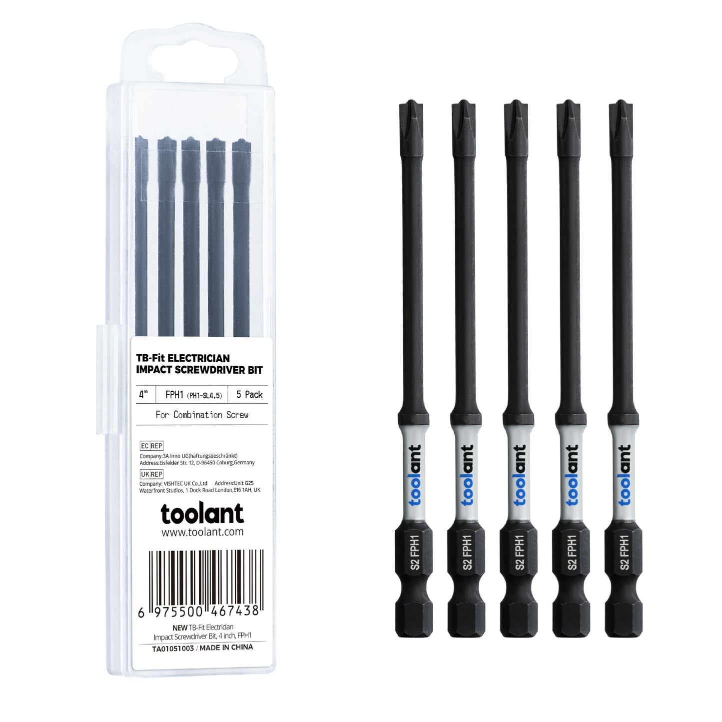 toolant 7pcs TB-Fit Electrician Impact Screwdriver Bit Set, FPH1（PH1-SL4.5）FPH2（PH2-SL6）Screwdriver Bit Set, 1/4” Hex-Shank S2 Steel, CNC Machined Tips with Magnetism,