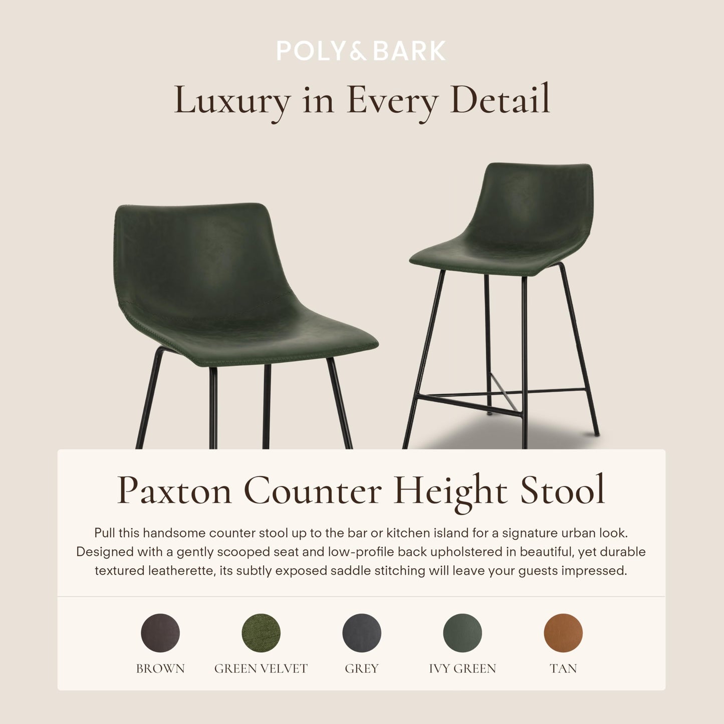 POLY & BARK Paxton Leather Counter Stools 24 Inches – Set of 2 - Counter Height Bar Stools with Back – Modern Barstools for Kitchen Island or Counters – Faux Leather & Matte Black Steel Base – Tan