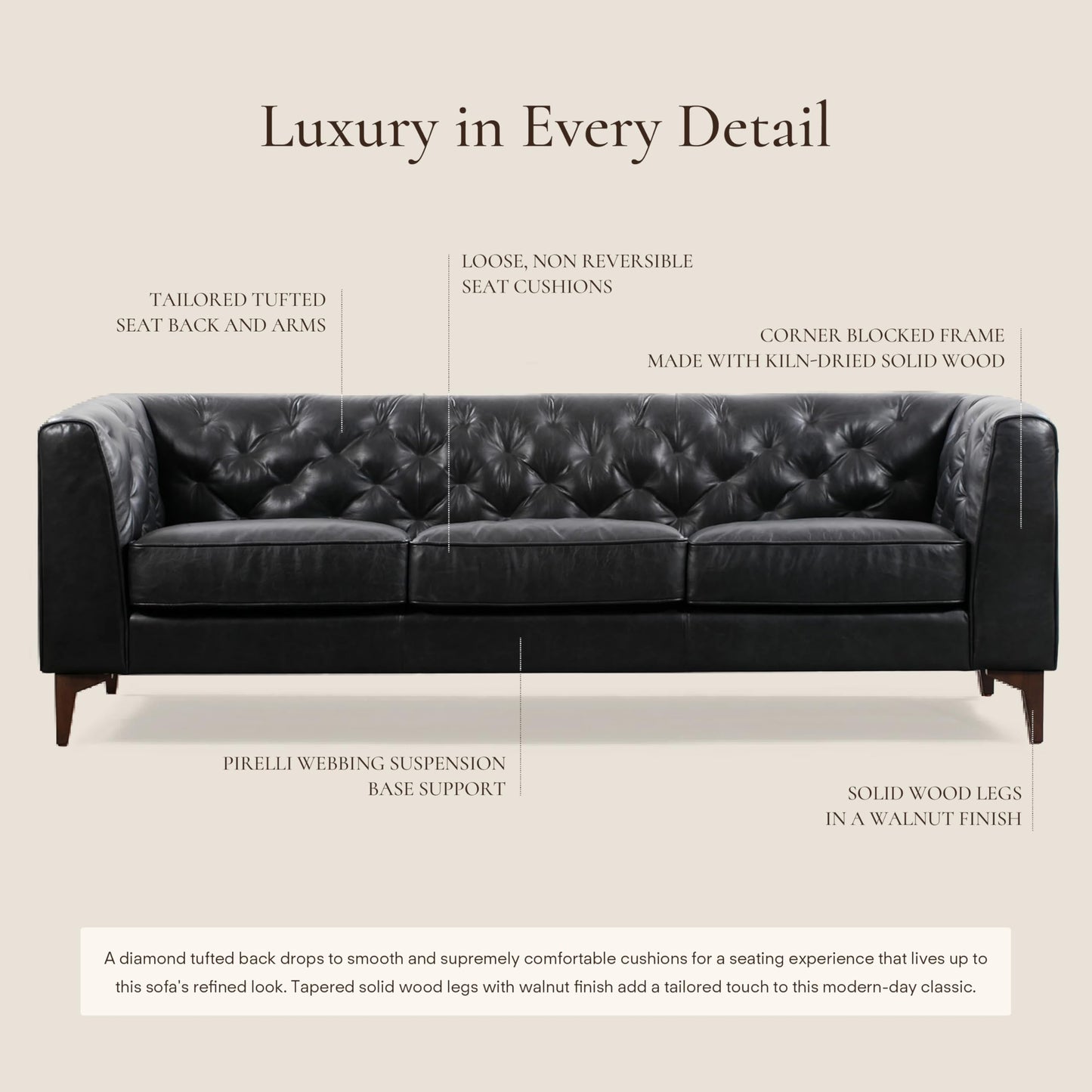 POLY & BARK Essex 89” Full-Grain Italian Leather Sofa – Tufted Back, Feather-Down Comfort, Solid Wood Frame, Cognac Tan