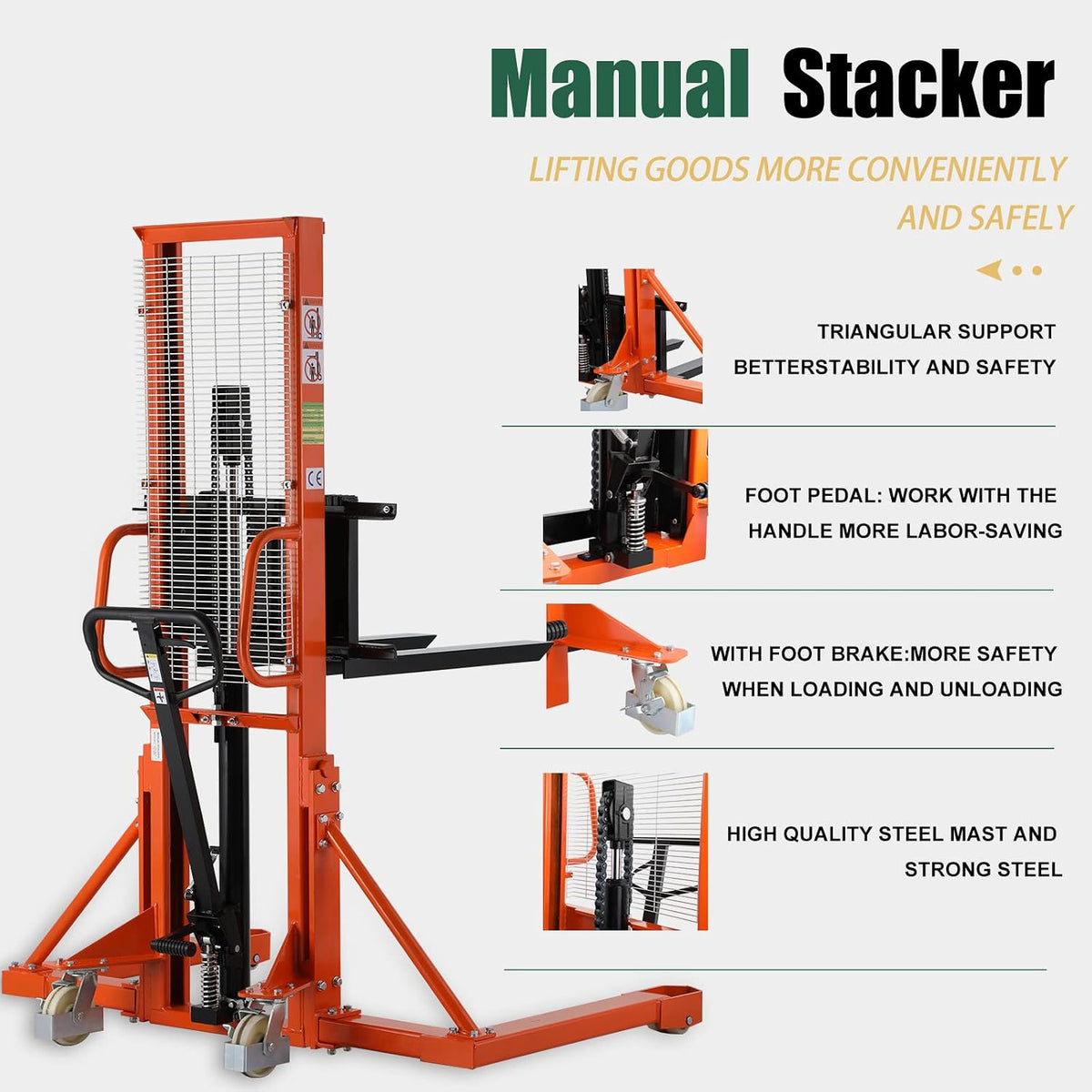 Tory Carrier Manual Pallet Stacker 1100lbs Capacity 63" Lift Height