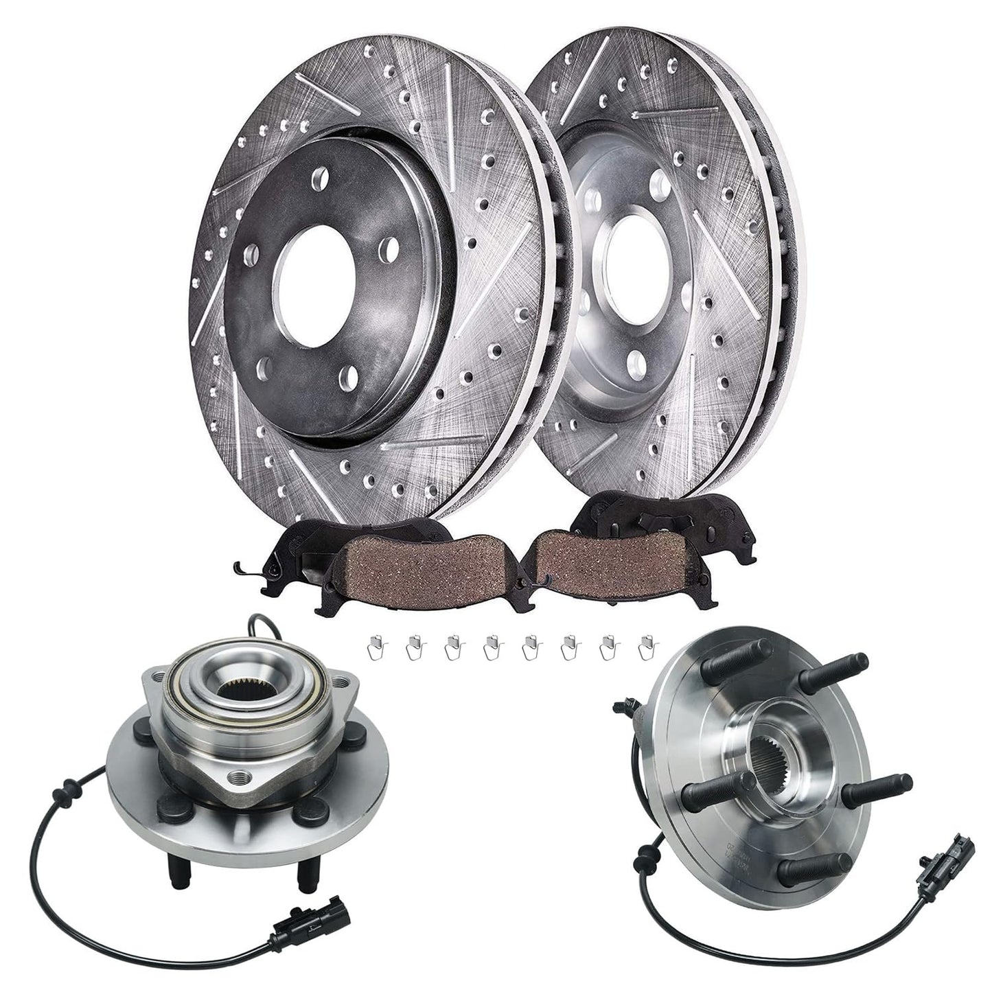 Detroit Axle - Front Brake Kit for Chevy GMC Silverado Suburban Sierra Savana Express 1500 Tahoe Yukon XL Cadillac Escalade ESV EXT Drilled Slotted Disc Brake Rotors Ceramic Brakes Pads Replacement