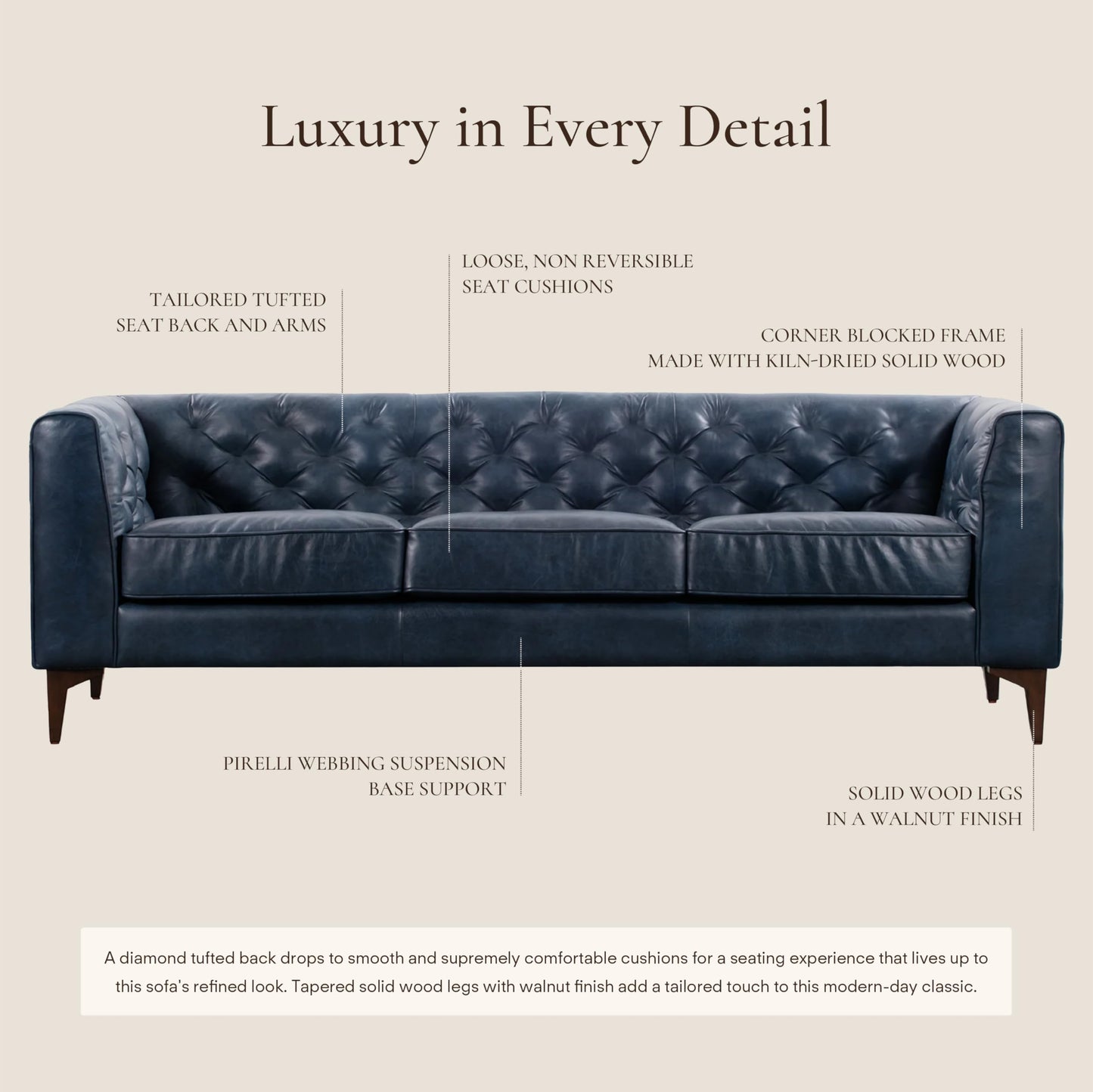 POLY & BARK Essex 89” Full-Grain Italian Leather Sofa – Tufted Back, Feather-Down Comfort, Solid Wood Frame, Cognac Tan
