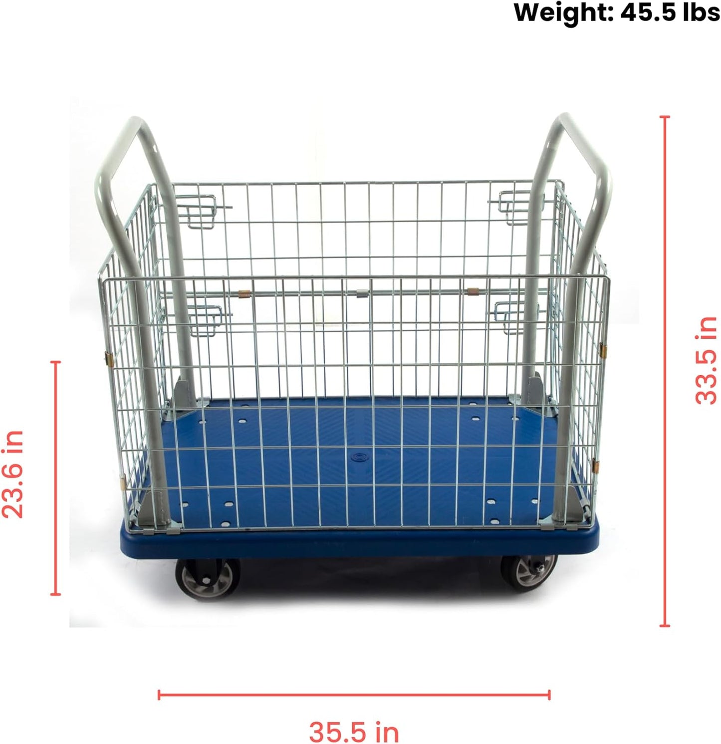 23 * 35 Platform Truck with Fence, 660 lb Capacity, Steel Handle, PP Deck, 5 Inch Casters, Manual Material Handling