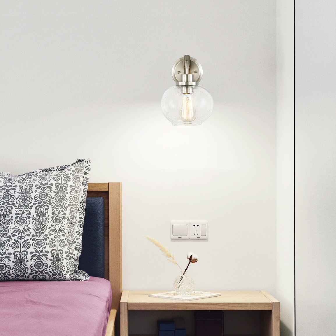 Light Society Sheridan Seeded Wall Sconce, Satin Nickel with Handblown Clear Glass Shade, Vintage Industrial Modern Lighting Fixture (LS-W245-SN)