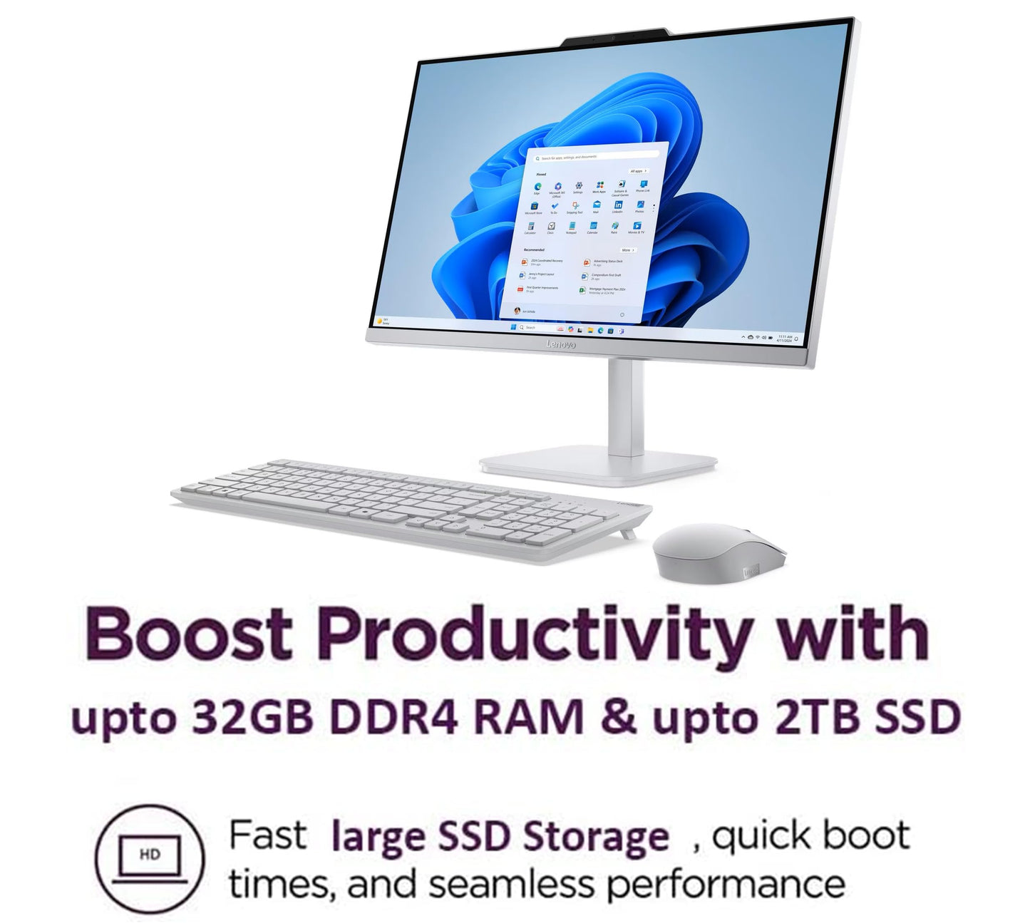 Lenovo 24" FHD All-in-One Desktop Computer for Home & Office, Intel Processor, 32GB RAM, 512GB PCIe + 500GB External, HDMI, Bluetooth 5.2, Business AIO, Vent-Hear, Wireless KB & Mouse, Windows 11 Pro