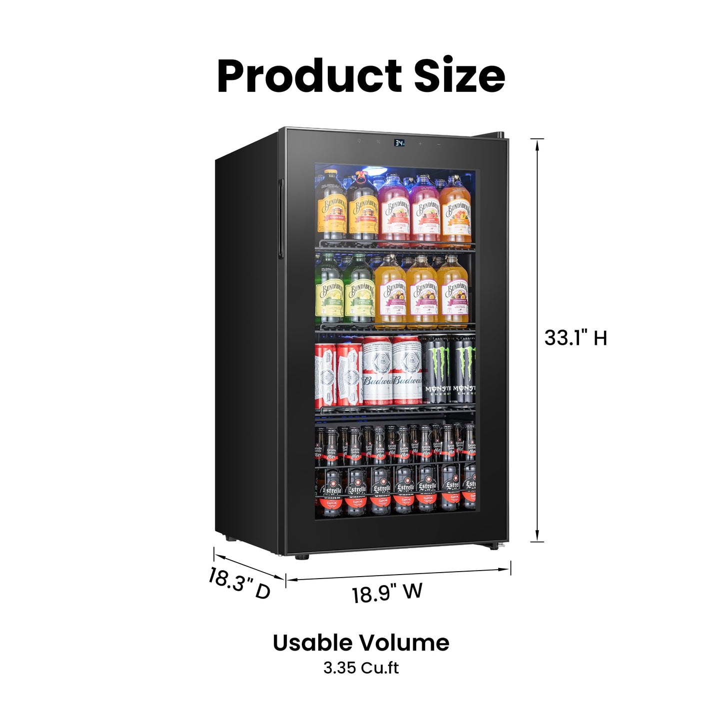Yeego Beverage Refrigerator, 130 Can Mini Fridge with Glass Door, Adjustable Shelves, Digital Temperature Control 34°F-54°F, Drink Cooler for Soda, Beer and Wine, Freestanding or Under Counter, Black