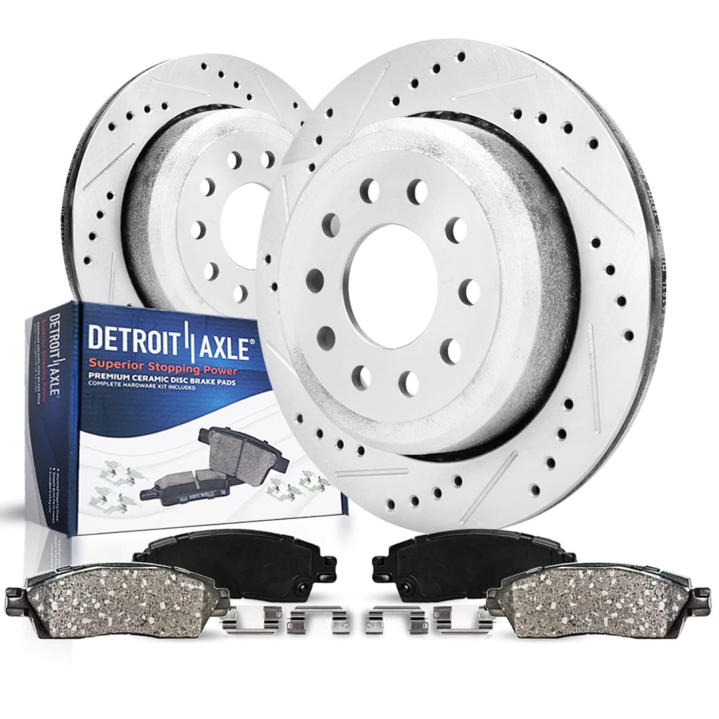 Detroit Axle - Front Brake Kit for 2006-2018 Dodge Ram 1500, 07-09 Durango Chrysler Aspen, 2019-2024 Ram 1500 Classic, Drilled and Slotted Disc Brake Rotors Ceramic Brakes Pads Replacement