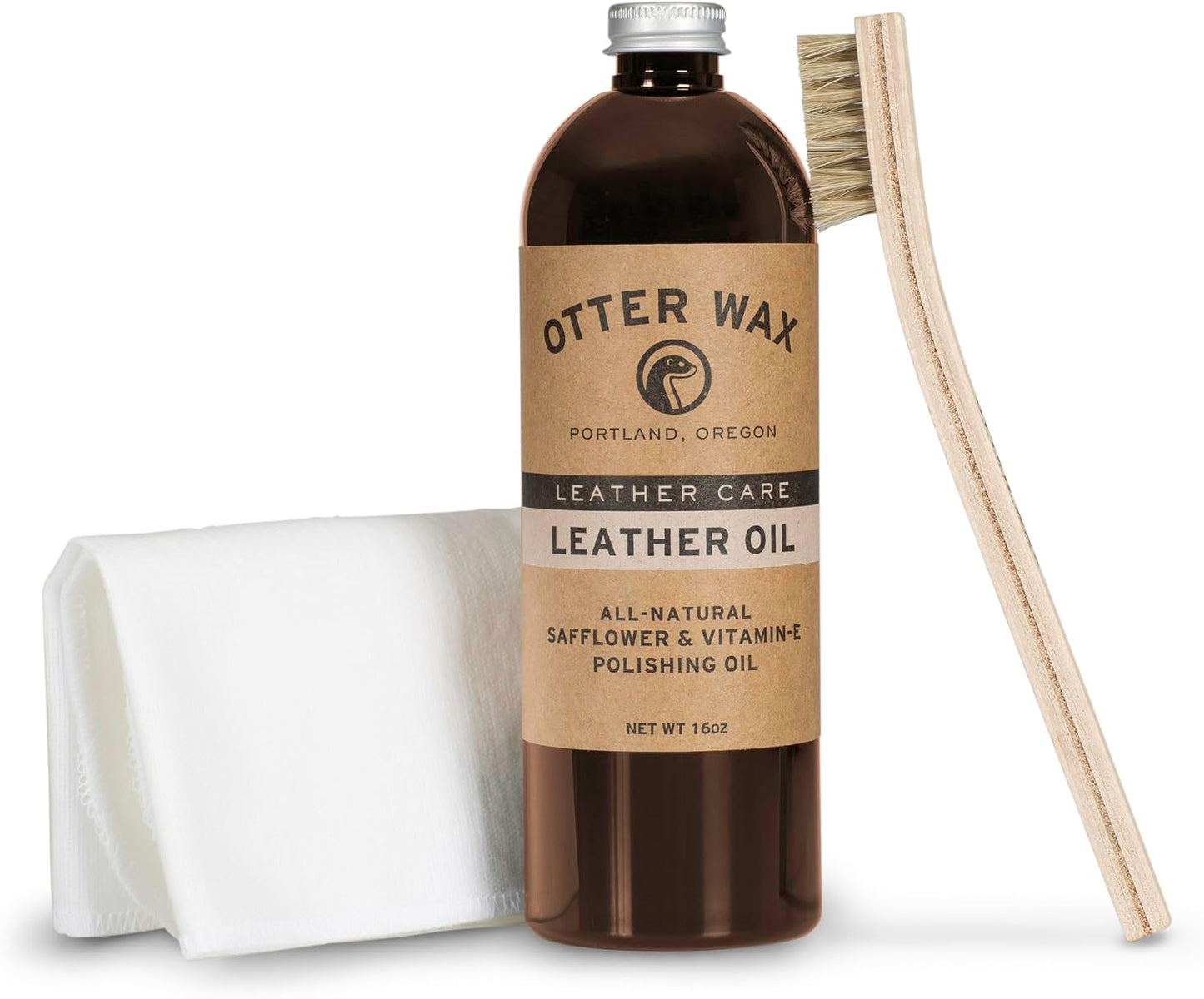 POLY & BARK 3-Piece Leather Care Kit – Otter Wax Leather Oil (16oz), Flannel Buffing Cloth & Horsehair Brush – All-Natural Leather Conditioner & Polish for Sofas, Chairs, Boots, and Bags