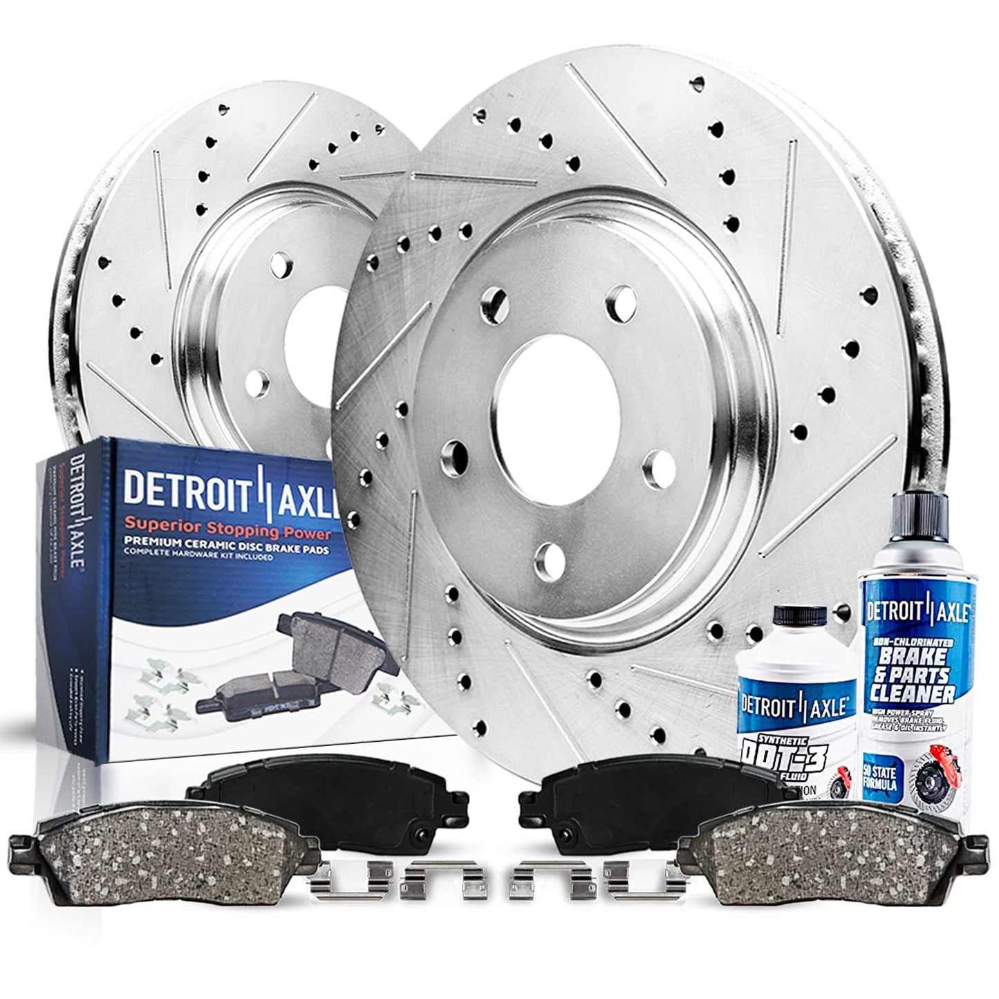 Detroit Axle - Front Brake Kit for Chevy GMC Silverado Suburban Sierra Savana Express 1500 Tahoe Yukon XL Cadillac Escalade ESV EXT Drilled Slotted Disc Brake Rotors Ceramic Brakes Pads Replacement
