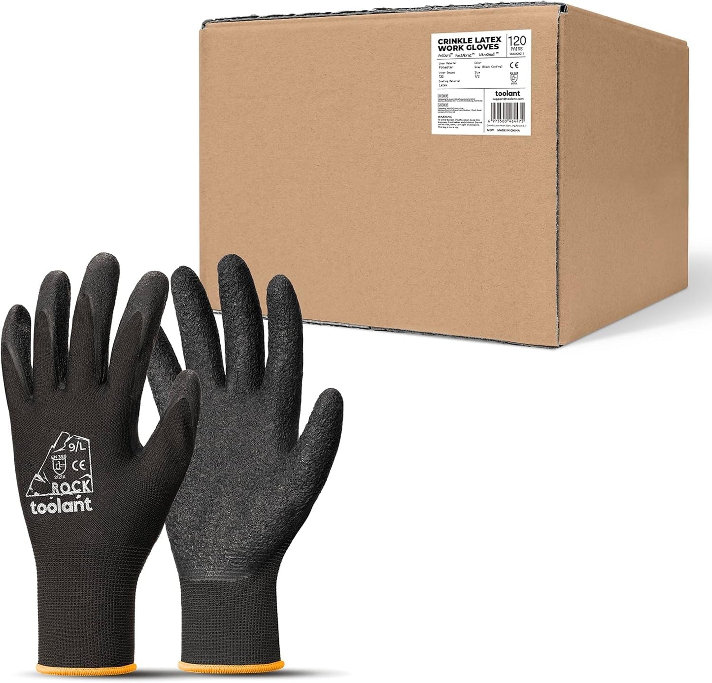 toolant Crinkle Latex Work Gloves Bulk, Rubber Coated Safety Work Gloves for Men and Women, 12 Pairs for Construction, Gardening, Warehouse (Black, Large)
