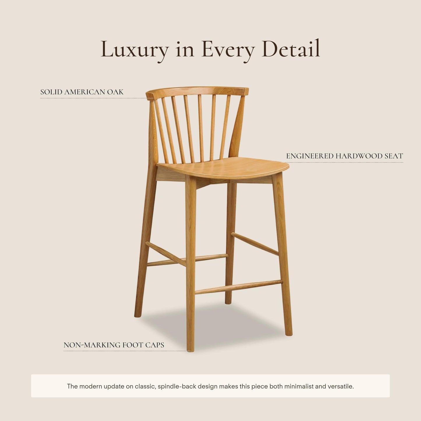 Poly & BARK Ligna Counter Stool in Black – Mid-Century Inspired Stool with Sculpted Spindle Back – Solid American Oak Frame and Engineered Wood Veneered Seat – Fully Assembled and Ready to Use