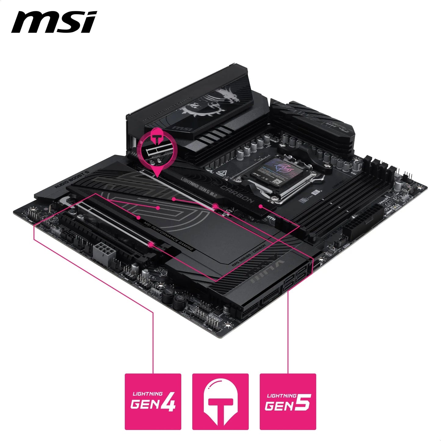 MSI MPG X870E Carbon WiFi Gaming Motherboard (AMD Ryzen 9000/8000/7000 Series Processors, AM5, DDR5, PCIe 5.0, M.2 Gen5, SATA 6Gb/s, USB 40Gbps, HDMI, Wi-Fi 7, Bluetooth 5.4, 5Gbps LAN, ATX)