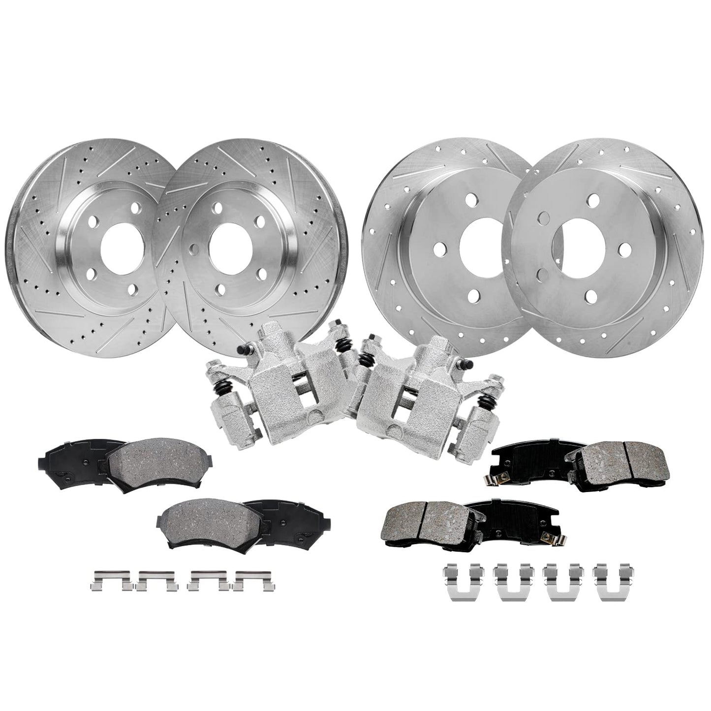 Detroit Axle - Brake Kit for Chevy GMC Silverado Sierra 1500 Tahoe Yukon XL Suburban Escalade ESV Drilled Disc Rotors Ceramic Brakes Pads Replacement : 12.99" Front & 13.58" Rear Rotor