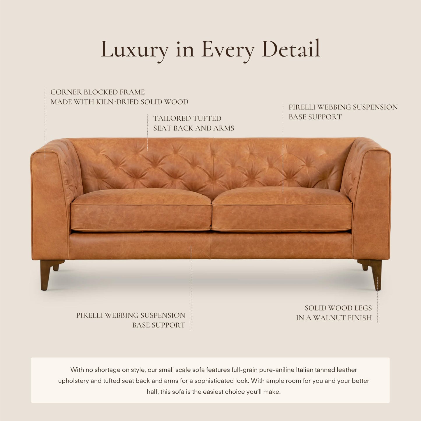 POLY & BARK Essex 89” Full-Grain Italian Leather Sofa – Tufted Back, Feather-Down Comfort, Solid Wood Frame, Cognac Tan