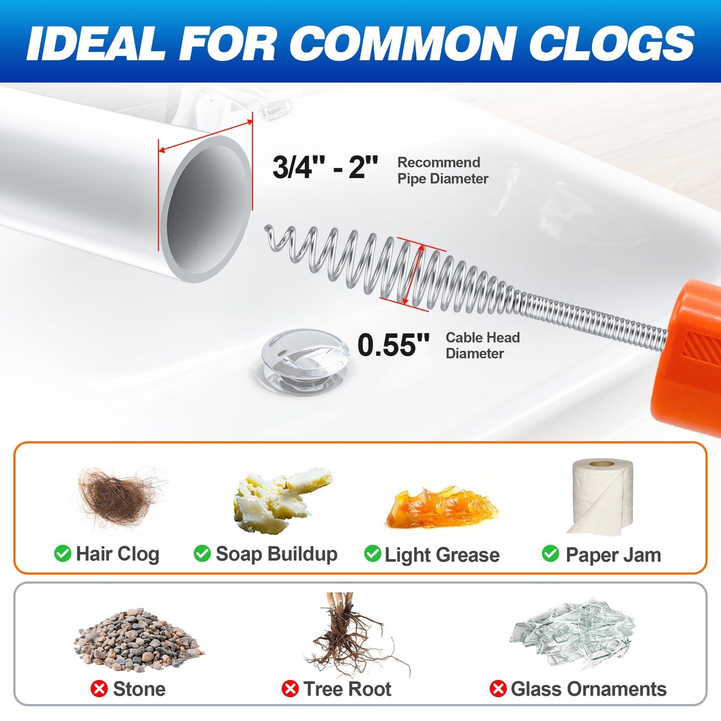Drain Auger 33Ft, Auto-Feed Drain Snake Hair Drain Clog Remover Sink Auger | Drill Adapter for Quickly Unclogging, Long Flexible Plumbing Snake for Deep Pipe Clog, Bathroom Shower, Bathtub, Kitchen Sink