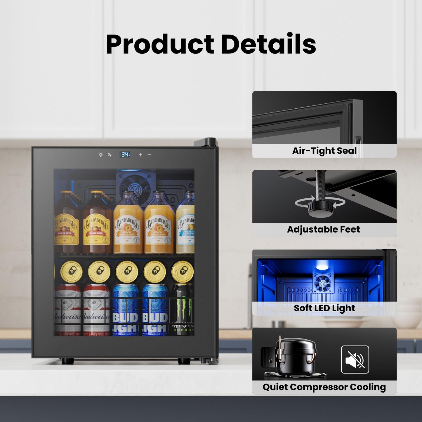 Yeego Beverage Refrigerator, 130 Can Mini Fridge with Glass Door, Adjustable Shelves, Digital Temperature Control 34°F-54°F, Drink Cooler for Soda, Beer and Wine, Freestanding or Under Counter, Black