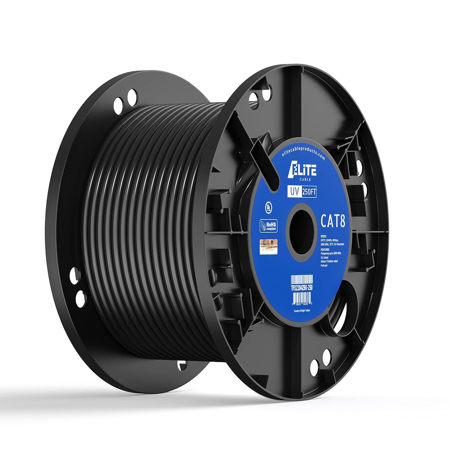 Elite Cat8 250ft Outdoor/Indoor Cable, UV Resistant, 40Gb, 2000MHz, CMR/Riser + UV/Outdoor, High Speed, Pure Solid Copper, Easy Pull Reel, Black