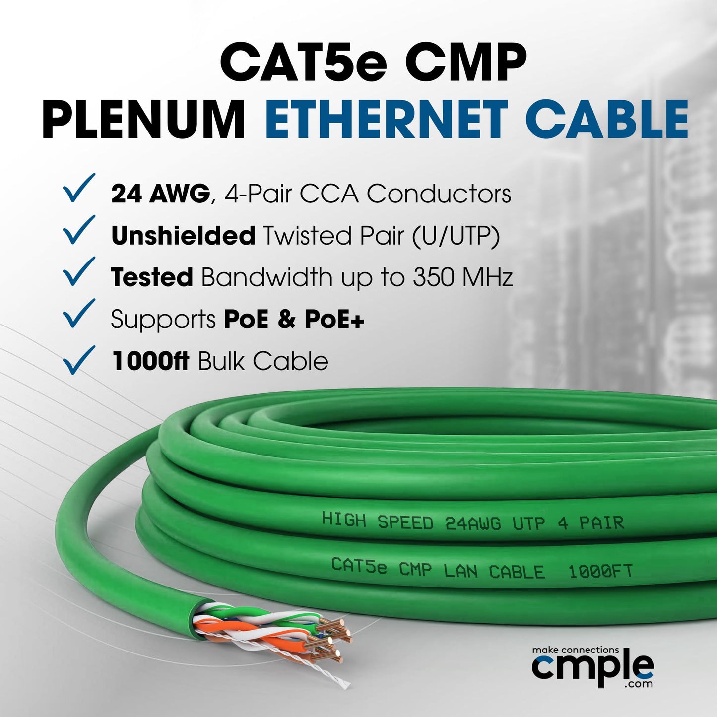 Cmple - Cat5e Plenum Cable 1000ft, CMP, Blue 350MHz Gigabit Ethernet Solid Network Internet Bulk UTP